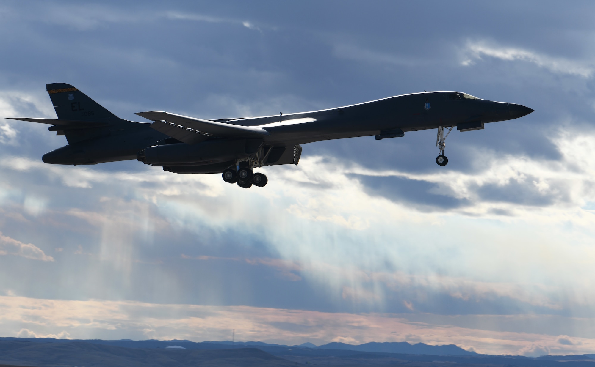 A B-1B Lancer lands at Ellsworth Air Force Base, S.D., Oct. 30, 2018. The B-1 is the backbone of the U.S. Air Force bomber force and carries the largest conventional payload of weapons in the the service's inventory. B-1s assigned to Ellsworth AFB provide support to allies across the globe.(U.S. Air Force photo by Airman 1st Class Thomas Karol)