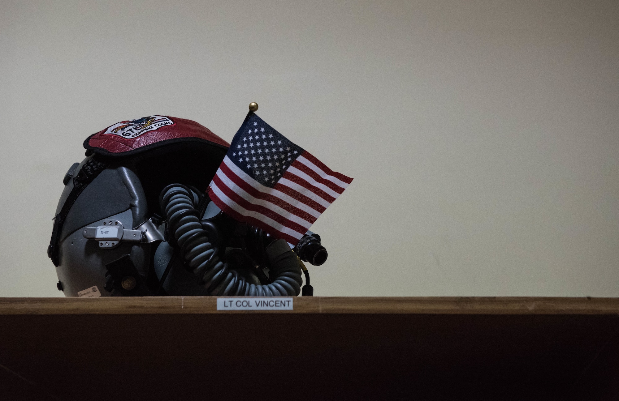 A U.S. Air Force pilot’s helmet sits on a shelf at Cope India 19 at Kalaikunda Air Force Station, India, Dec. 14, 2018.