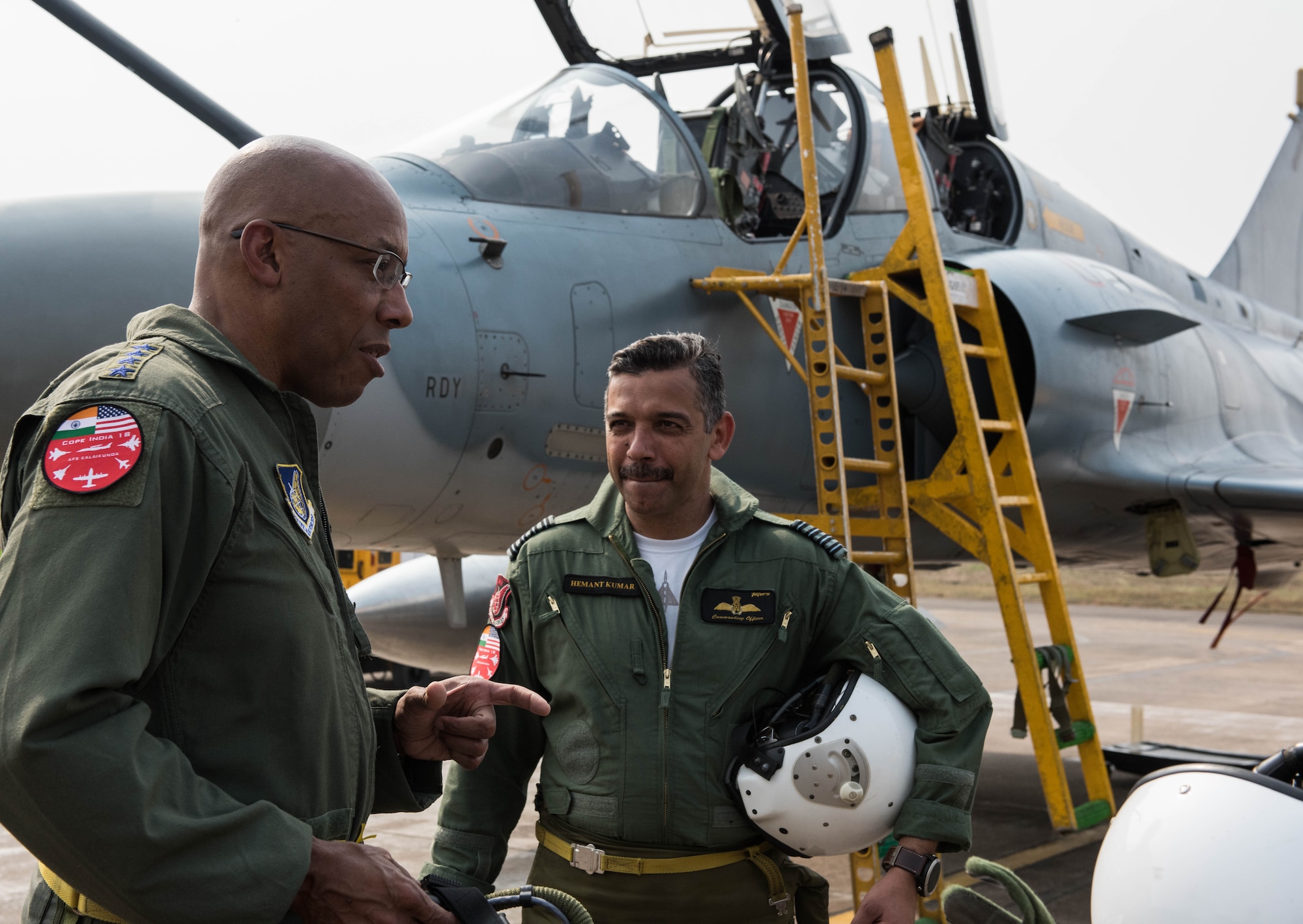 U.S. Air Force Gen. CQ Brown, Jr., Pacific Air Forces commander, discusses his orientation flight in an Indian Air Force Mirage 2000 at Cope India 19 at Kalaikunda Air Force Station, India, Dec. 14, 2018.