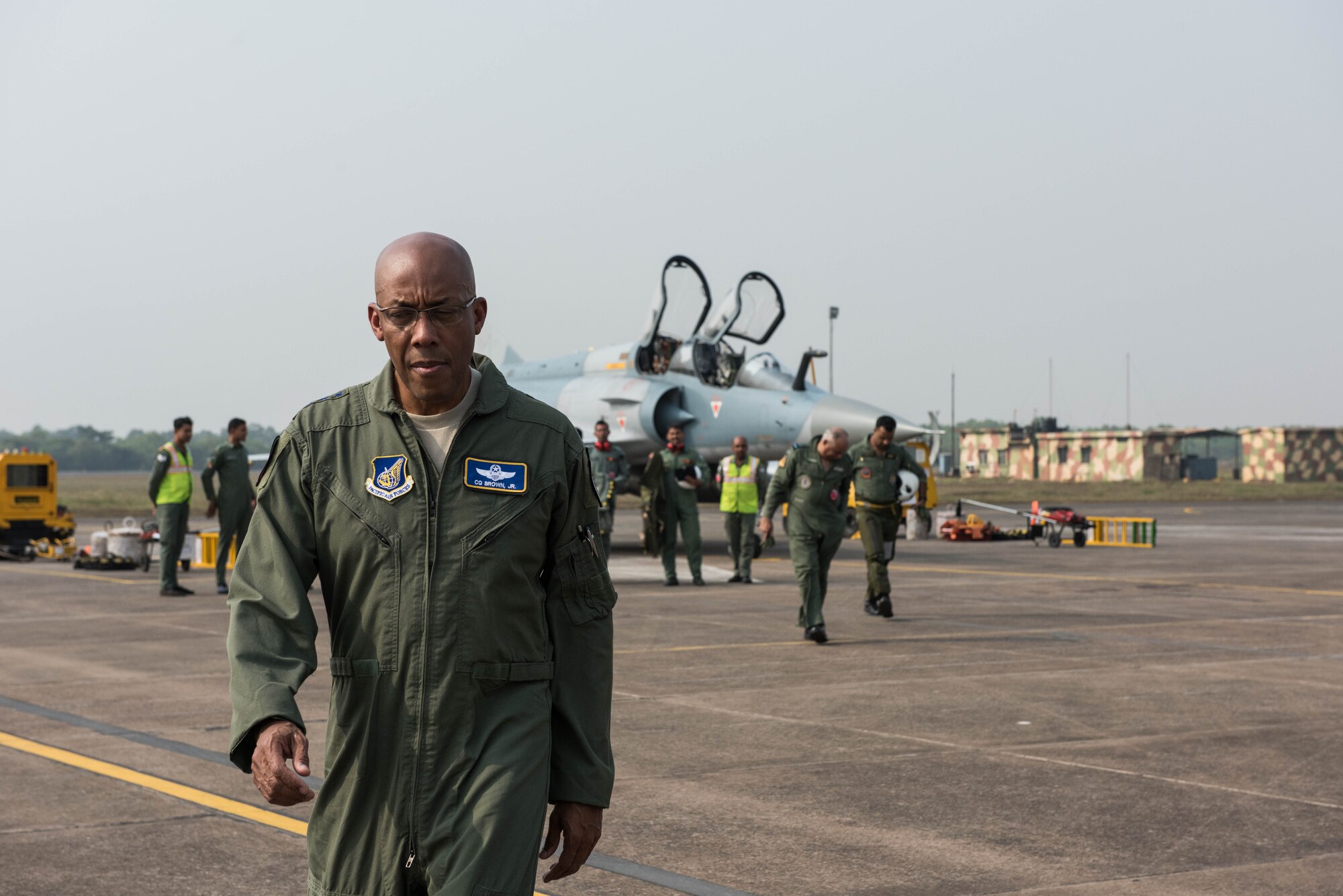 U.S. Air Force Gen. CQ Brown, Jr., Pacific Air Forces commander, walks off the flight-line after his orientation flight in an Indian Air Force Mirage 2000 at Cope India 19 at Kalaikunda Air Force Station, India, Dec. 14, 2018.