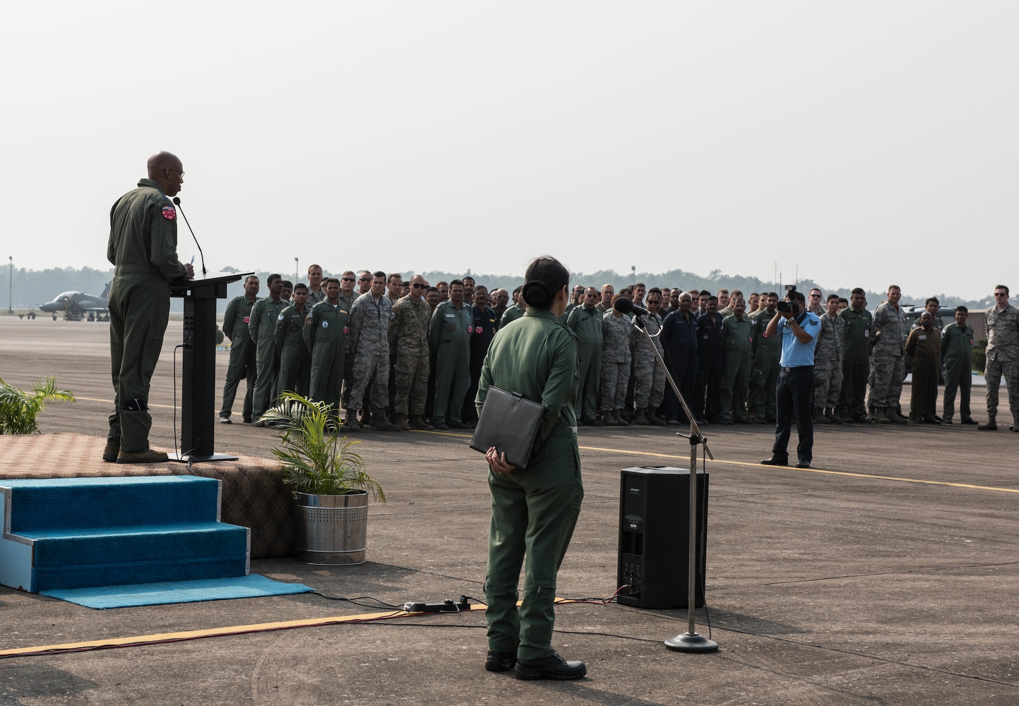 U.S. Air Force Gen. CQ Brown, Jr., Pacific Air Forces commander, gives remarks at the closing ceremony of Cope India 19 at Kalaikunda Air Force Station, India, Dec. 14, 2018.