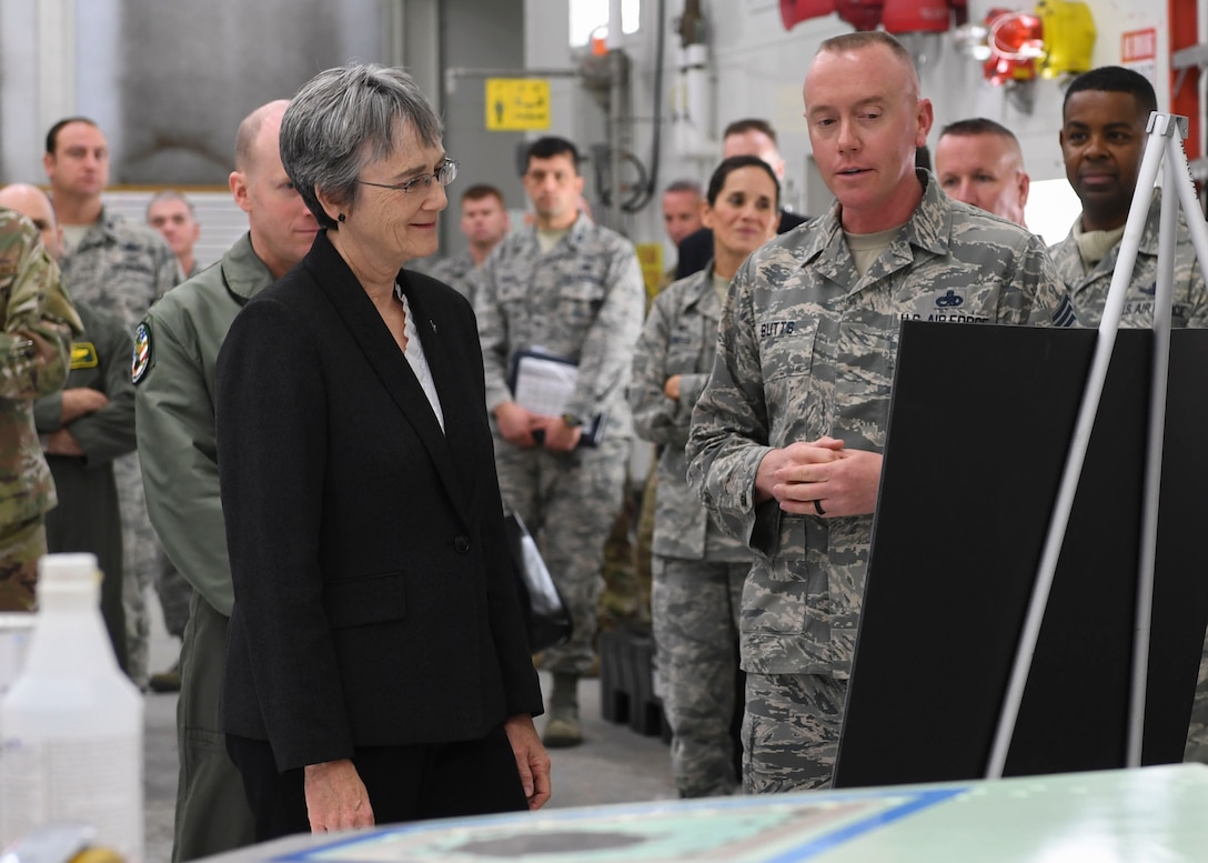 U.S. Air Force Secretary Heather Wilson receives a brief about low observable readiness tactics at Joint Base Langley-Eustis, Virginia, Dec. 12, 2018.