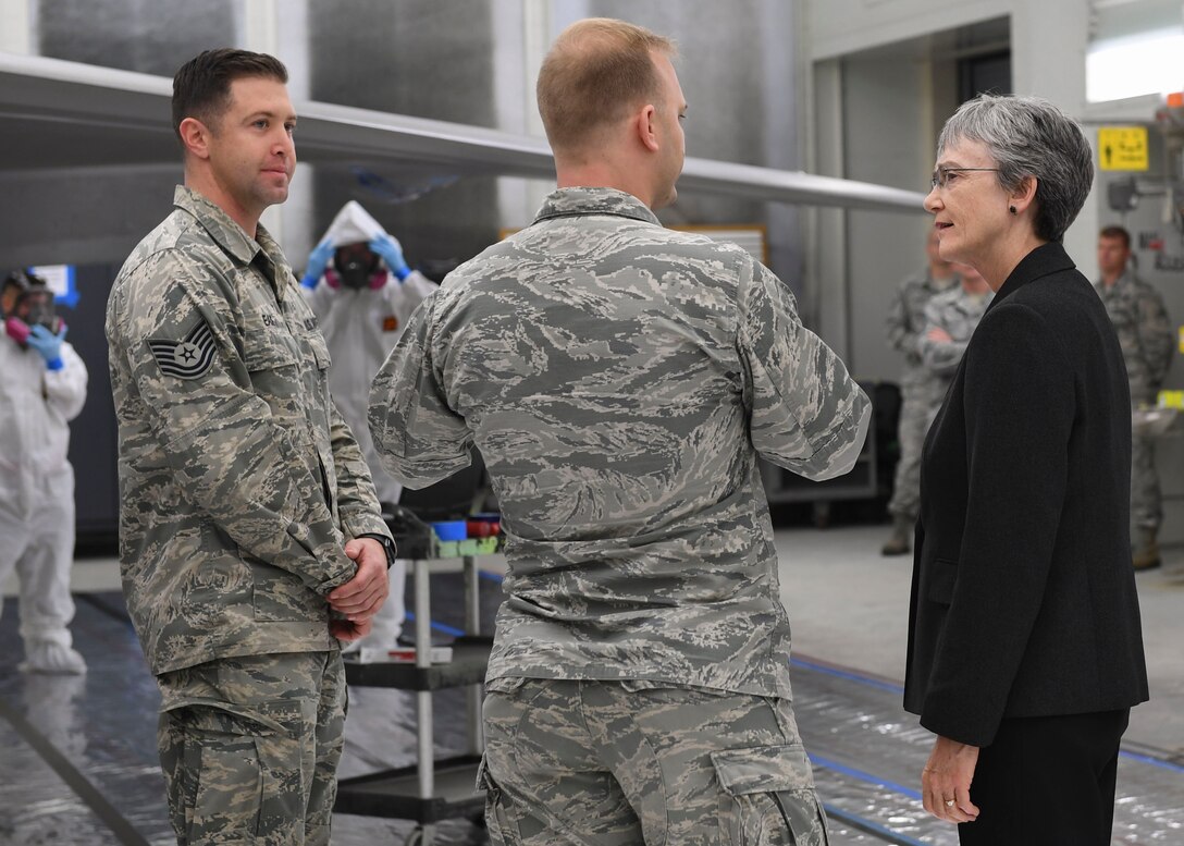U.S. Air Force Secretary Heather Wilson receives a tour of the Low Observable Facility at Joint Base Langley-Eustis, Virginia, Dec. 12, 2018.
