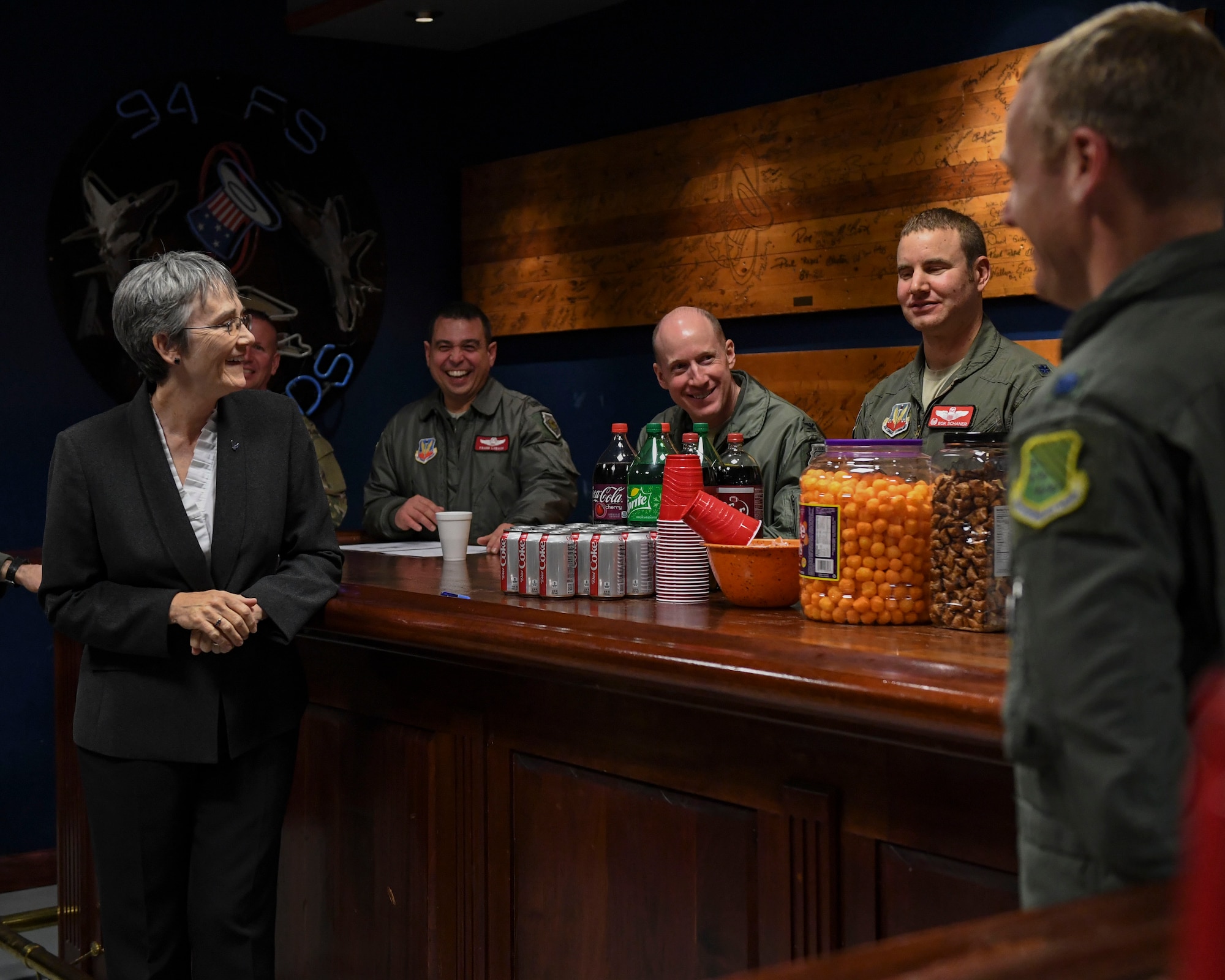 U.S. Air Force Secretary Heather Wilson talks to members assigned to the 1st Fighter Wing during a tour of Joint Base Langley-Eustis, Virginia, Dec. 12, 2018.