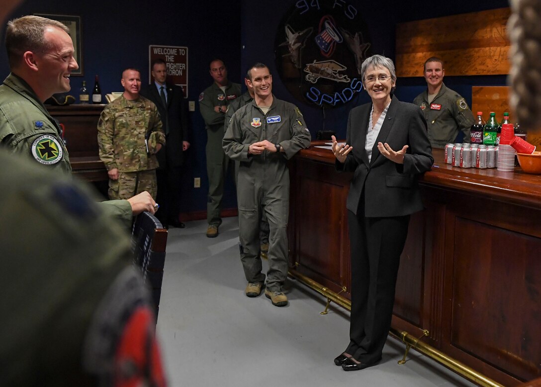 U.S. Air Force Secretary Heather Wilson talks to members assigned 1st Fighter Wing members during a tour of Joint Base Langley-Eustis, Virginia, Dec. 12, 2018.