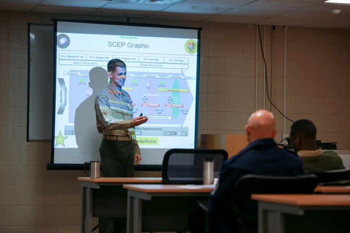 U.S. Marine Corps Capt. Elton Duncan, a Security Cooperation Planners Course instructor, and a team officer with Marine Corps Security Cooperation Group, U.S. Marine Corps Forces Command, answers questions during a SCPC, Dec. 12, 2018, at MCSCG Headquarters, Joint Expeditionary Base Fort Story, Virginia Beach, Virginia. The course, organized by MCSCG, provides service members with the ability to analyze national, regional, interagency, joint, maritime, and Marine Corps guidance to identify common objectives, as well as develop and execute engagement plans. MCSCG executes and enables security cooperation programs, training, planning and activities to implement joint training and preparedness. (U.S. Marine Corps photo by Cpl. Danielle Prentice/ Released)