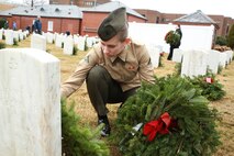 HAMPTON, Va. — Lance Cpl. Crystal Bulger, a data systems administrator with Headquarters and Service Battalion, U.S. Marine Corps Forces Command, lays a wreath on a grave while volunteering in a wreath-laying ceremony for Wreaths Across America, Dec. 15, 2018, at the Hampton National Cemetery in Hampton, Virginia. The wreath-laying ceremony is an annual event that encourages volunteers to help place wreaths at veterans' grave sites across the United States, helping remember and honor them and their service. (U.S. Marine Corps photo by Cpl. Danielle Prentice/ Released)