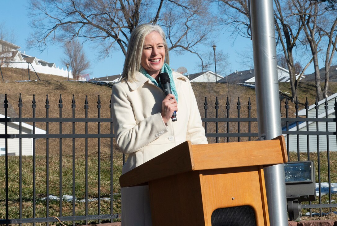 Shannon Manion, wife of the 55th Wing Commander Col. Michael Manion and President of Offutt Officer Spouses’ Club speaks during the National Wreaths Across America ceremony Dec. 15, 2018, at the Offutt Air Force Base Cemetery, Nebraska. Due to the efforts of the Offutt Officers Spouses Club, the cemetery was officially instated into the WAA non-profit organization Nov. 27, 2018. A large 36-inch wreath was placed at the north end of the cemetery by the flag pole. (U.S. Air Force photo by L. Cunningham)