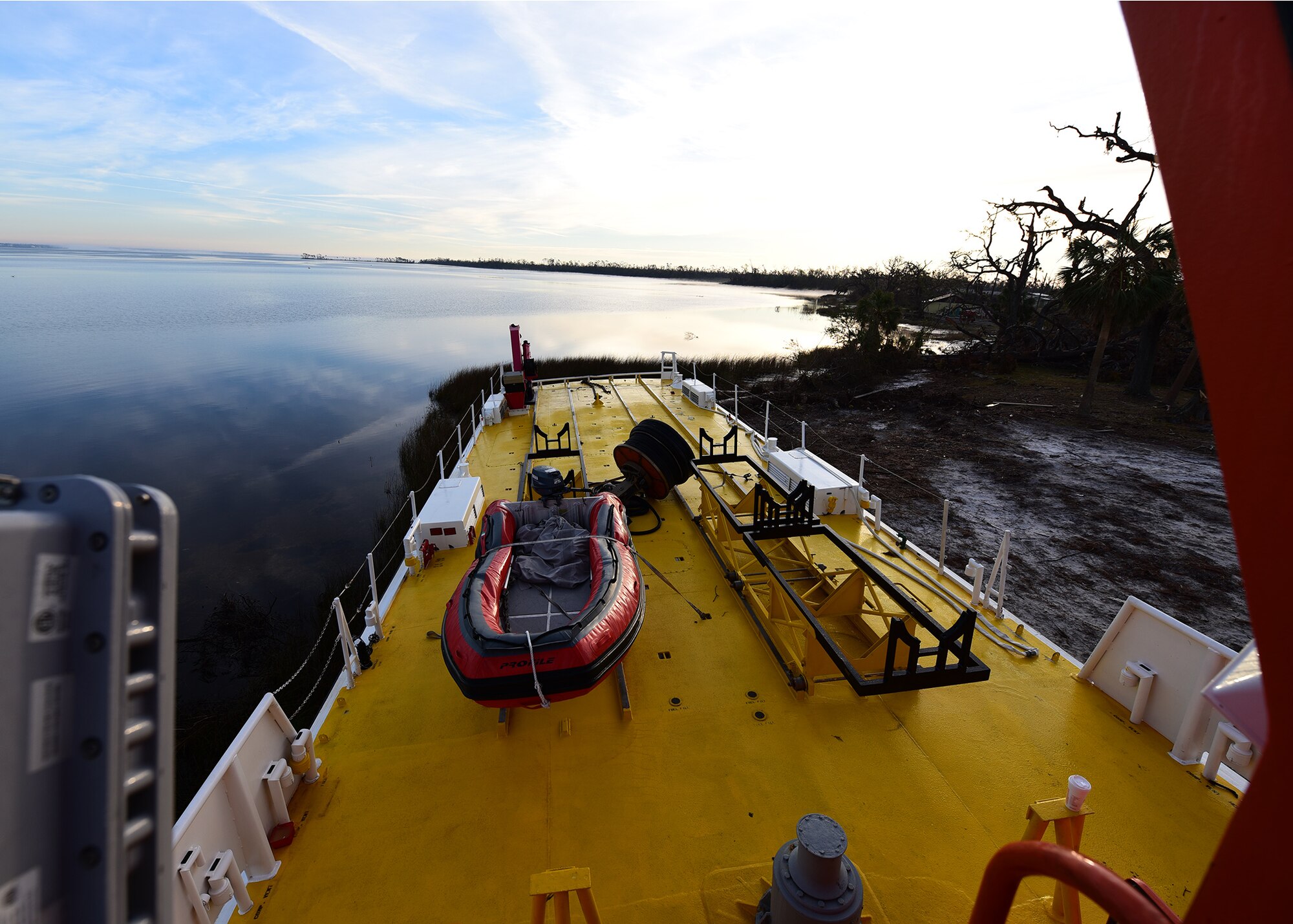 A U.S. Air Force Missile Retriever Ship assigned to the 53rd Weapons Evaluation Group, is run aground near Tyndall Air Force Base, Fla., Dec. 12, 2018. The ship was beached during the strong winds of Hurricane Michael. Sailors from Mobile Diving and Salvage Unit (MDSU) 2, homeported at Joint Expeditionary Base Little Creek-Ft. Story, partnered with Tyndall AFB personnel to return the vessel to the water. The Missile Retriever ship is responsible for the location and recovery of Subscale Aerial Targets in the Gulf of Mexico W151 Live-Fire Range. MR’s also conduct launch and recovery corridor clearance operations for both SSAT and Full-scale Aerial Target Missions. (U.S. Air Force photo by Senior Airman Isaiah J. Soliz)