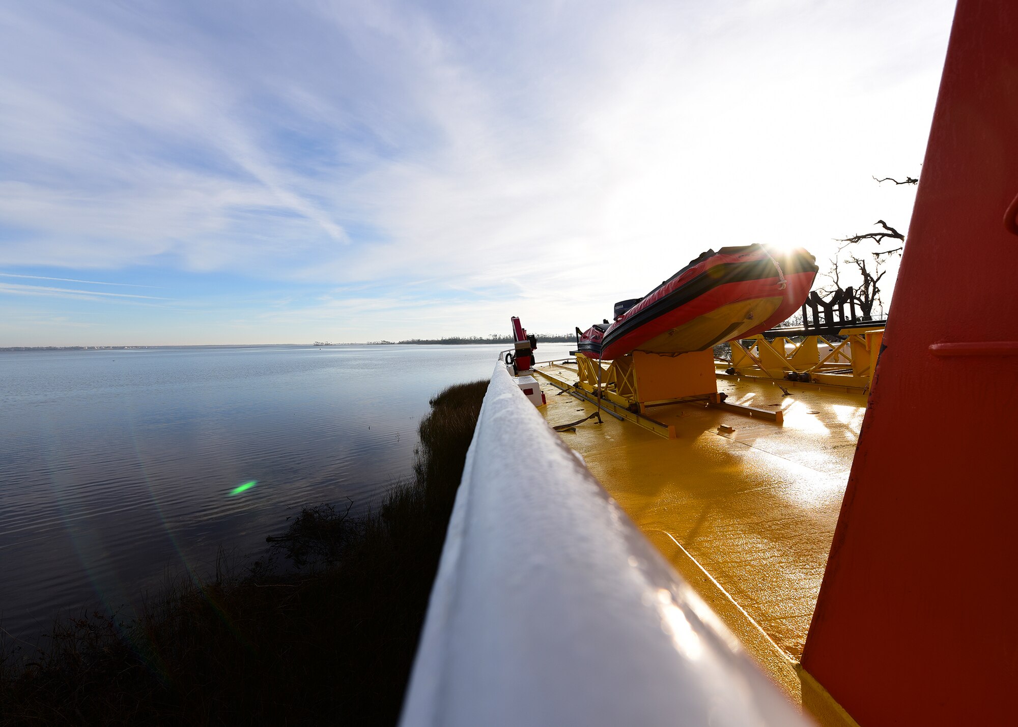A U.S. Air Force Missile Retriever Ship attached to the 53rd Weapons Evaluation Group sits beached near Tyndall Air Force Base, Fla., Dec. 12, 2018. The vessel was beached during the strong winds of Hurricane Michael. (U.S. Air Force photo by Senior Airman Isaiah J. Soliz)