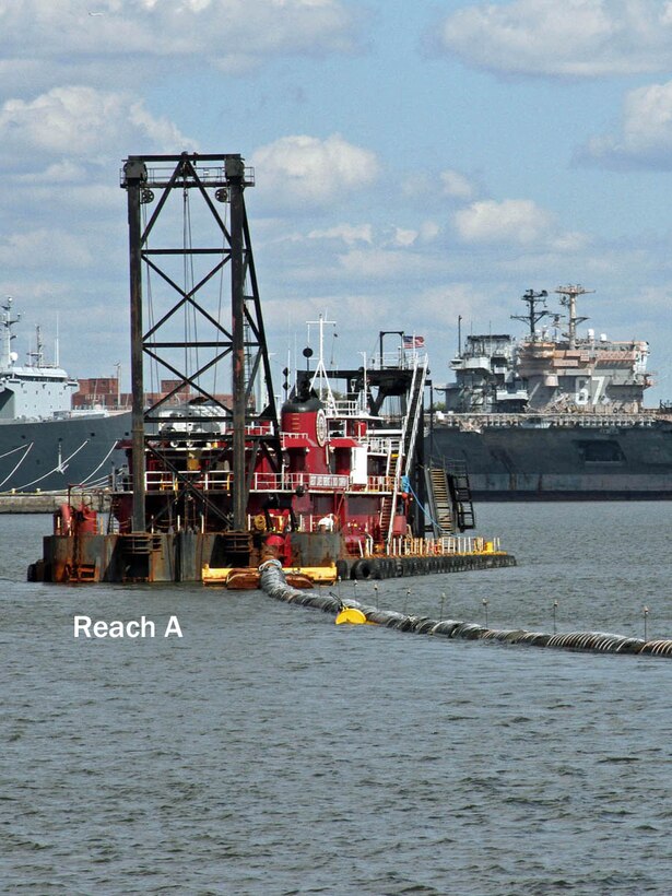The Dredge Illinois, owned and operated by Great Lakes Dredge & Dock Company, conducts dredging in the Reach A portion of the Delaware River in 2012 as part of the main channel deepening project.