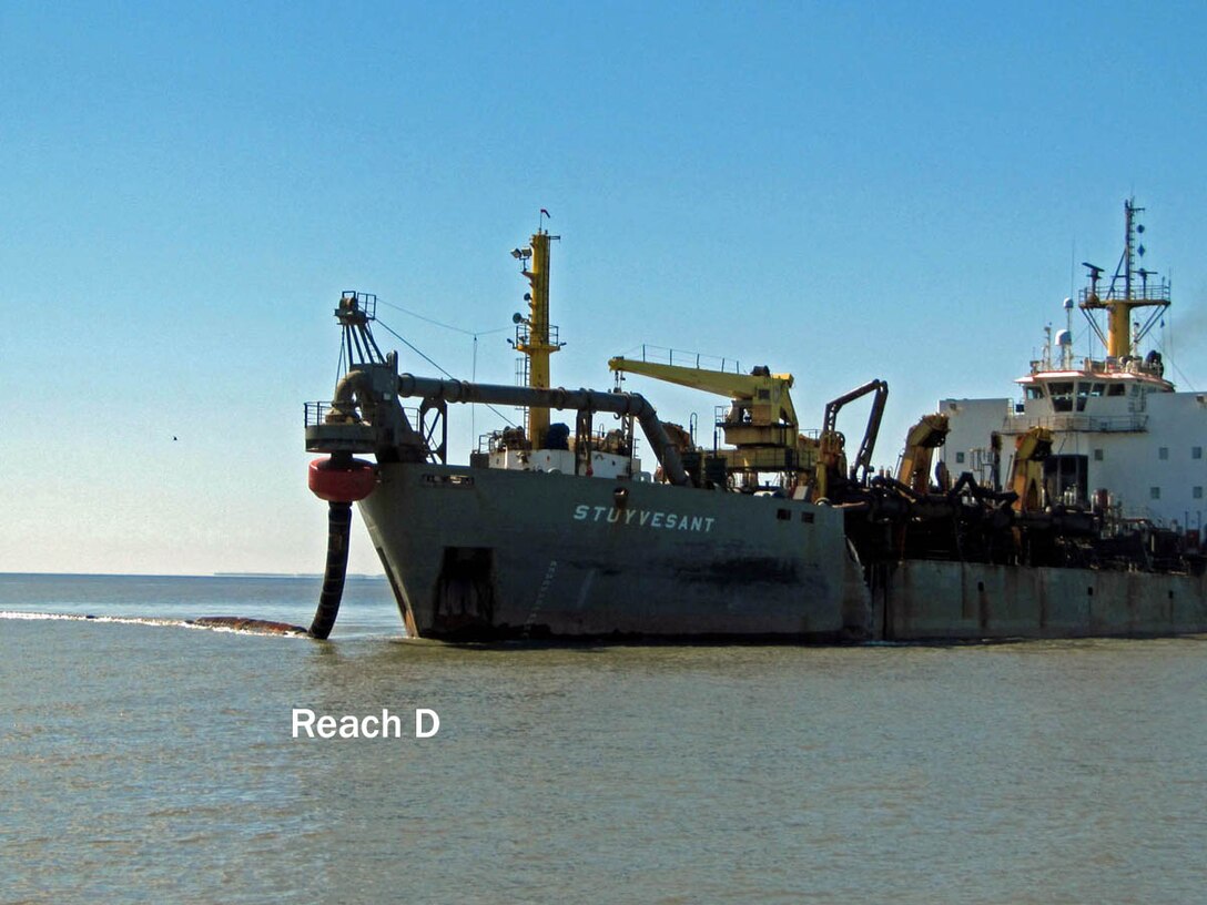 The Hopper Dredge Stuyvesant, owned and operated by the Dutra Group, conducts dredging in Reach D of the Delaware River as part of the Delaware River Main Channel Deepening project in 2013. The project is a joint effort between the U.S. Army Corps of Engineers and PhilaPort.