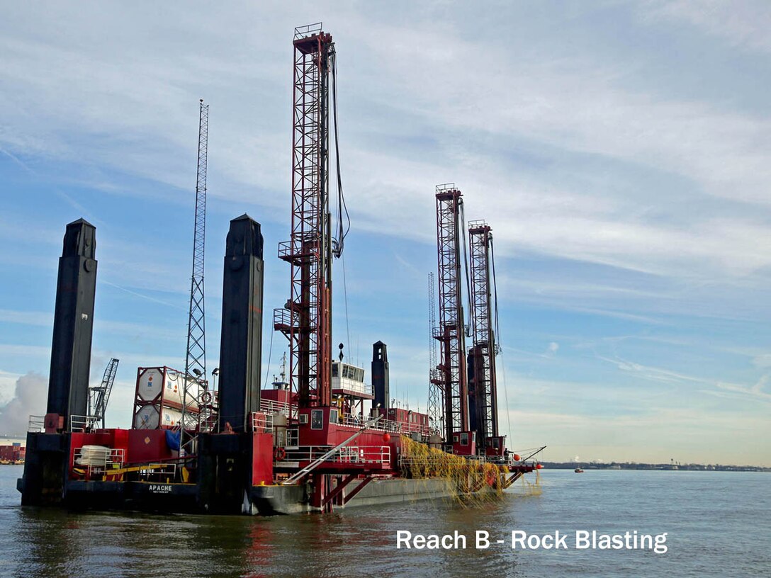 The drillboat Apache, owned and operated by Great Lakes Dredge & Dock Company, conducts rock blasting operations off Chester, Pa., in January of 2016. Work is part of the Delaware River Main Channel Deepening project, a joint effort of the U.S. Army Corps of Engineers and PhilaPort.