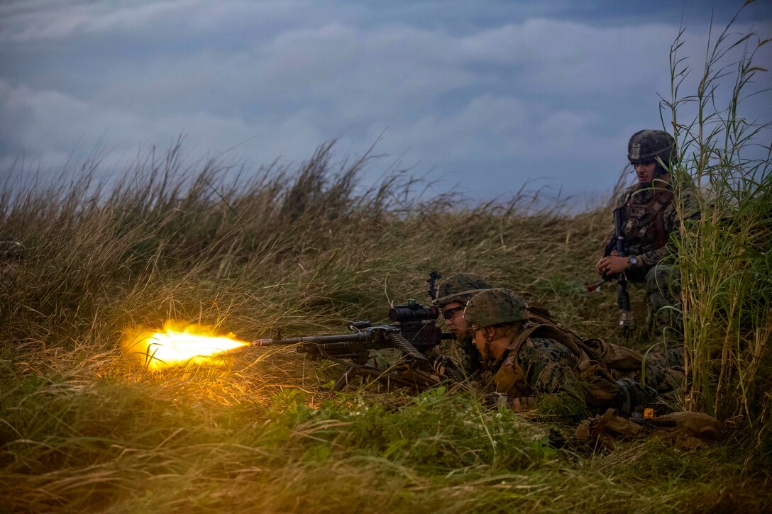 Marines lay in tall grass and fire a weapon.