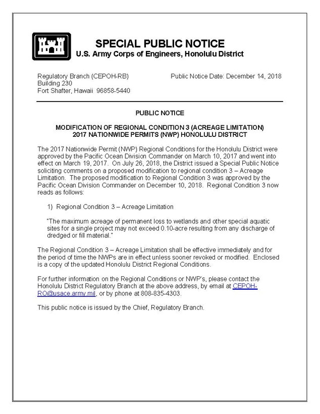 MODIFICATION OF REGIONAL CONDITION 3 (ACREAGE LIMITATION)