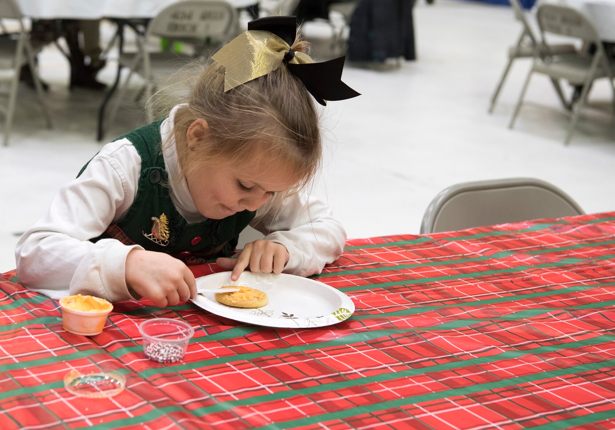 A young girl carefully places icing on a cookie during a Christmas celebration. Grissom recently help a children’s Christmas celebration in Dock 1 Dec. 1 here. (U.S. Air Force photo/Tech. Sgt. Jami K. Lancette)