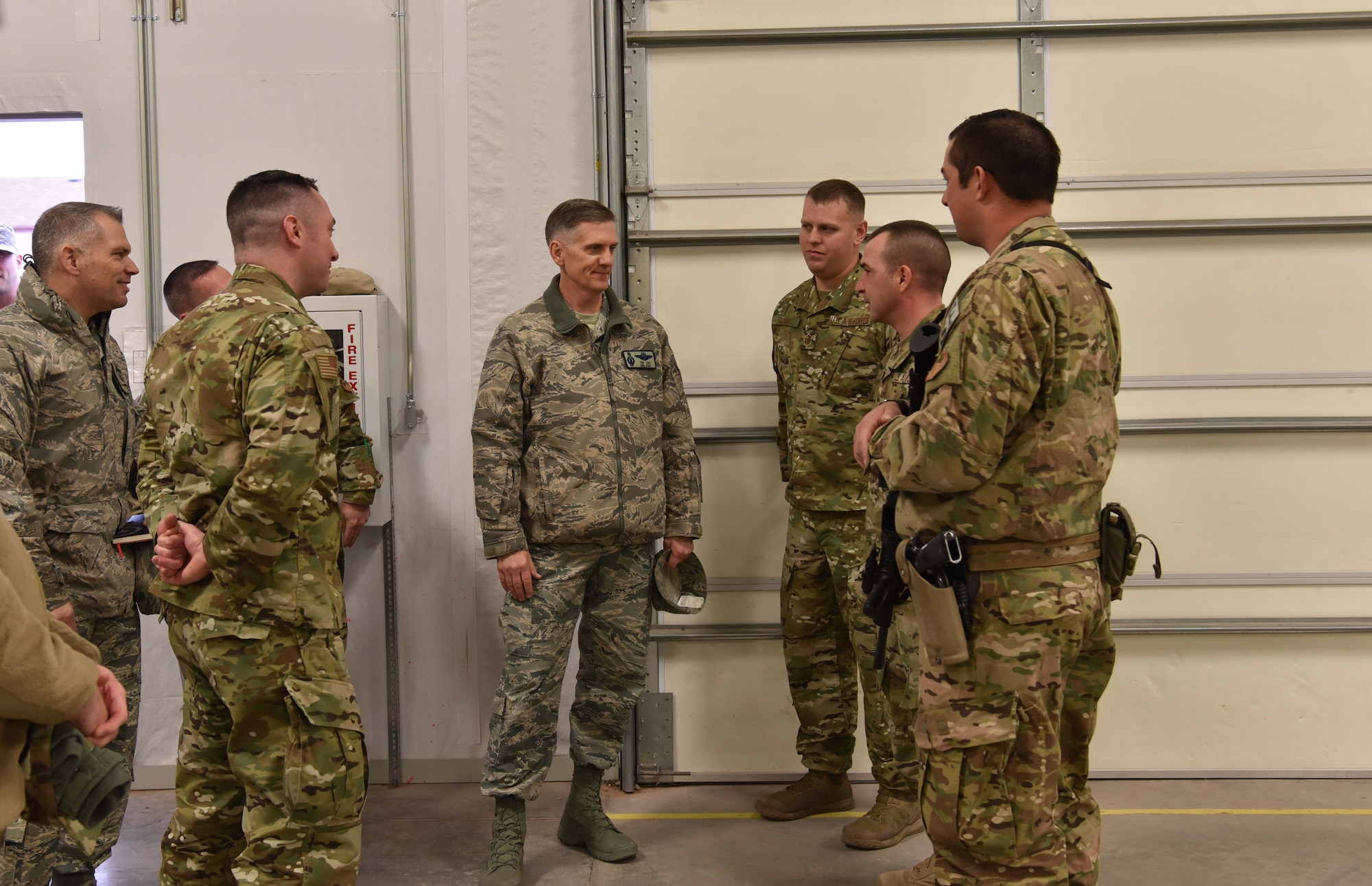 U.S. Air Force Gen. Timothy Ray, Air Force Global Strike Command commander, visits with Airmen and receives a briefing on security forces combatives at Camp Guernsey Joint Training Center, Wyo., Dec. 12, 2018. During the visit, Ray also received a mission brief covering Camp Guernsey’s role in mission execution, and the newest training tactics used by Airmen to sustain high performance in demanding mission sets. (U.S. Air Force photo by Airman 1st Class Braydon Williams)
