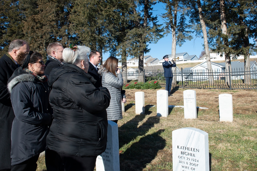Staff Sgt. Daniel Thrower, Heartland of America Band plays Taps during the National Wreaths Across America Ceremony Dec. 15, 2018, at the Offutt Air Force Base Cemetery, Nebraska. The cemetery was instated into the WAA, Nov. 27, 2018. The WAA is a non-profit organization that provides Christmas wreaths for over 1,200 veterans’ cemeteries in the United States and overseas. (U.S. Air Force photo L. Cunningham)
