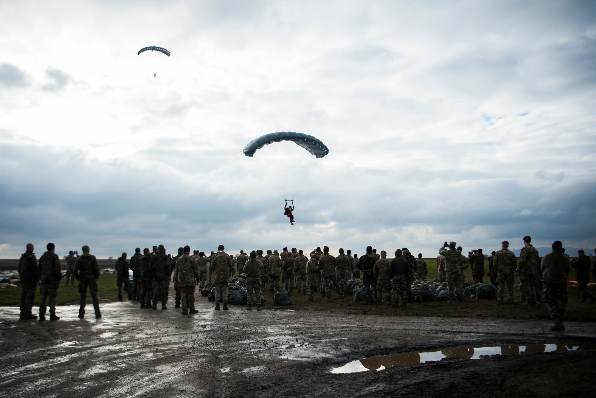 Santa and his helpers, along with members of the U.S. Air Force, U.S. Army, and seven partner nations conducted static-line and military freefall jumps for Operation Toy Drop 2018, over Alzey Drop Zone, Germany Dec. 11-13, 2018.