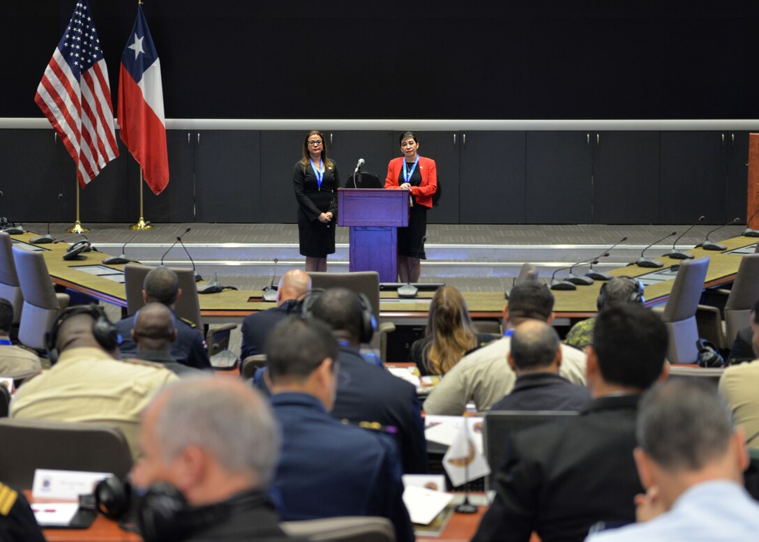 Jessica Solana, left, and Mayra Valle, representing the Dominican Republic present on the Dominican Republic’s disaster relief and humanitarian assistance planning during the 2nd Humanitarian Assistance and Disaster Relief workshop.