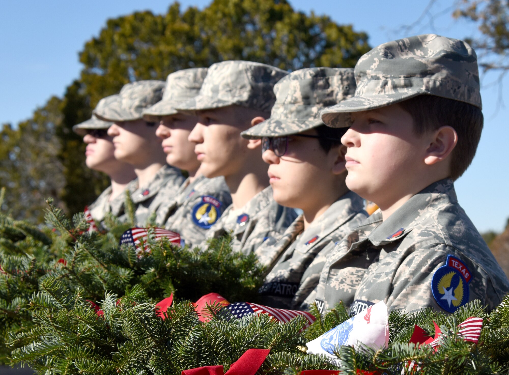 Members from the Civil Air Patrol San Angelo Composite Squadron prepare to hand out wreaths to members from Goodfellow during the Wreaths Across America event held at Belvedere Memorial Cemetery, San Angelo, Texas, Dec. 15, 2018. The San Angelo Composite Squadron has been hosting this event for 13 years. (U.S. Air Force photo by Airman 1st Class Seraiah Hines/Released)