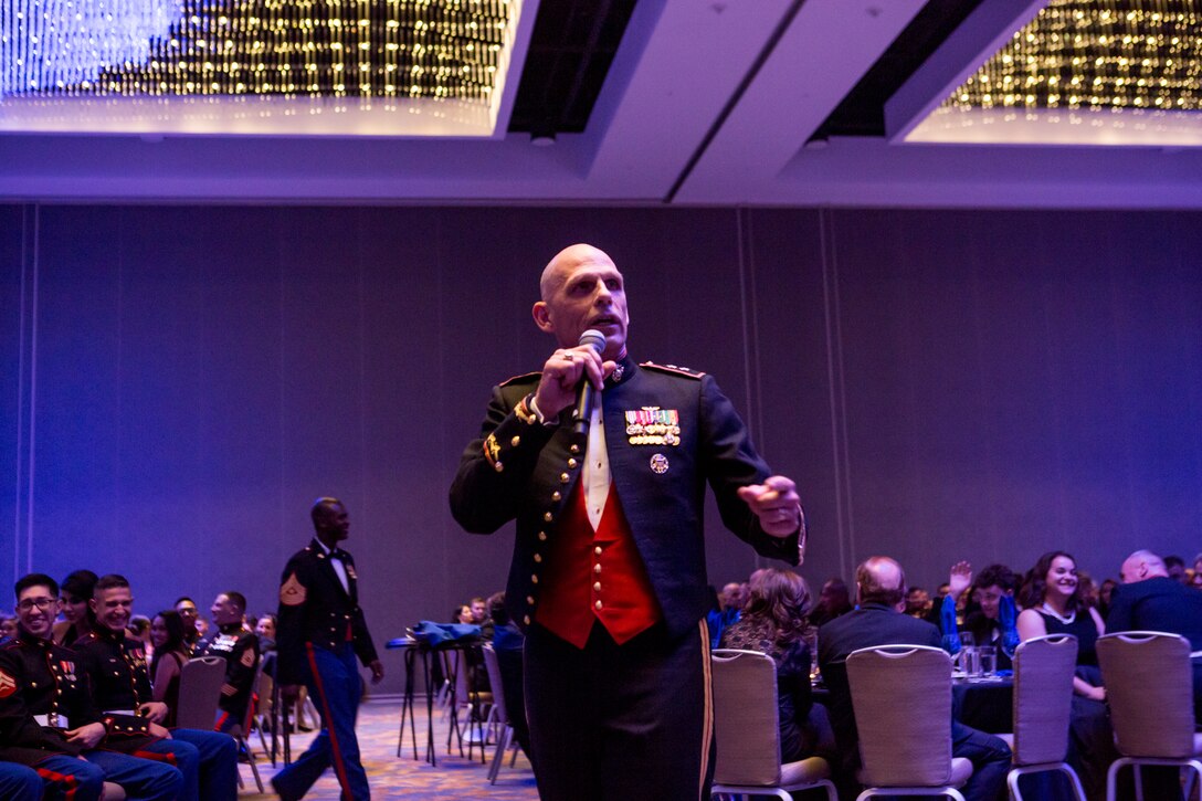 Maj. Gen. Kevin M. Iiams, 3rd Marine Aircraft Wing commanding general, addresses the audience at the 3rd MAW Marine Corps birthday ball celebration, Nov. 2, at the Marriott Marquis Hotel in San Diego, Calif. Green attended the 3rd MAW ball as the guest of honor and spoke about the importance of taking care of each other and how valuable each Marine is to mission accomplishment. (U.S. Marine Corps photo by Cpl. Nadia Stark)