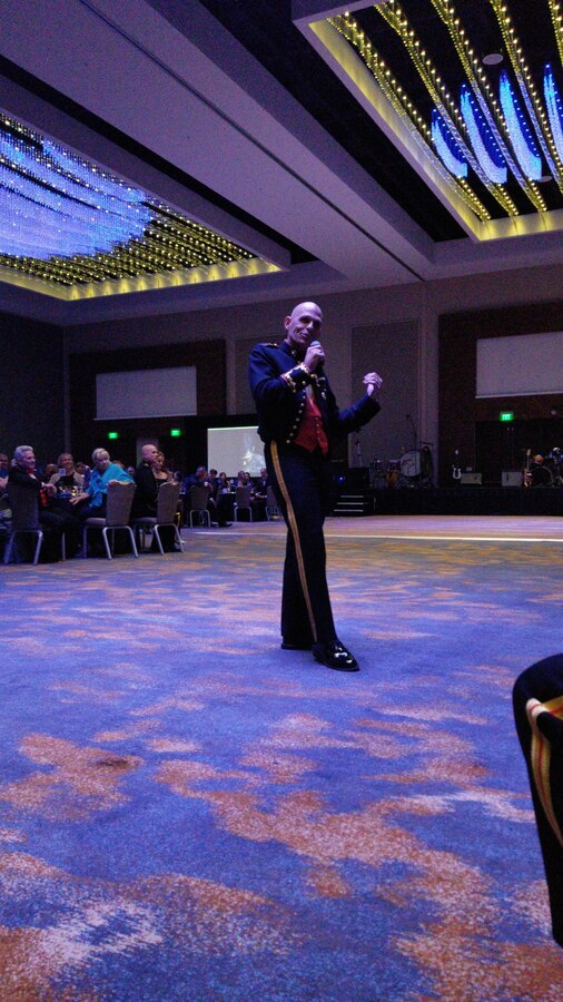 Maj. Gen. Kevin M. Iiams, 3rd Marine Aircraft Wing commanding general, speaks to the audience at the 3rd MAW Marine Corps birthday ball celebration, Nov. 2, at the Marriott Marquis Hotel in San Diego, Calif. Sgt. Maj. Ronald Green, the 18th sergeant major of the Marine Corps, attended the 3rd MAW ball as the guest of honor and spoke about the importance of taking care of each other and how valuable each Marine is to mission accomplishment. (U.S. Marine Corps photo by Lance Cpl. Levi J. Guerra)