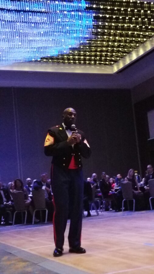 Sgt. Maj. Ronald L. Green, 18th sergeant major of the Marine Corps, addresses the audience at the 3rd Marine Aircraft Wing Marine Corps birthday ball celebration, Nov. 2, at the Marriott Marquis Hotel in San Diego, Calif. Green attended the 3rd MAW ball as the guest of honor and spoke about the importance of taking care of each other and how valuable each Marine is to mission accomplishment. (U.S. Marine Corps photo by Lance Cpl. Levi J. Guerra)