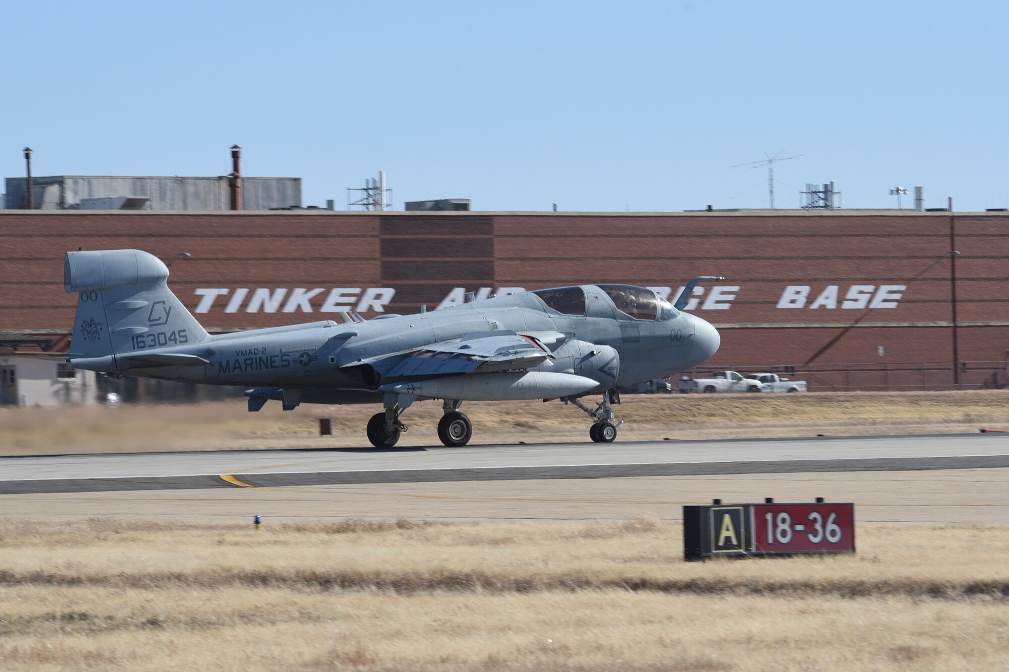 A United States Marine Corps EA-6B Prowler of 
VMAQ-2 'Jesters' accelerates down Tinker's runway 18 marking the final take-off before delivery to long-term storage at Davis-Monthan Air Force Base, Arizona on Nov. 29, 2018, at Tinker Air Force Base, Oklahoma. The base was chosen as a final fueling point for the aircraft being ferried from Marine Corps Air Station Cherry Point, North Carlina due to the famous hospitality and professionalism of Tinker's Transient Alert services. The jet is crewed by USMC Captains' Aaron 'Bambi' Staggs, electronic counter-measures officer, David 'Nicole' Richey, ECMO, and Evan 'Fonix' Bottorff, pilot.