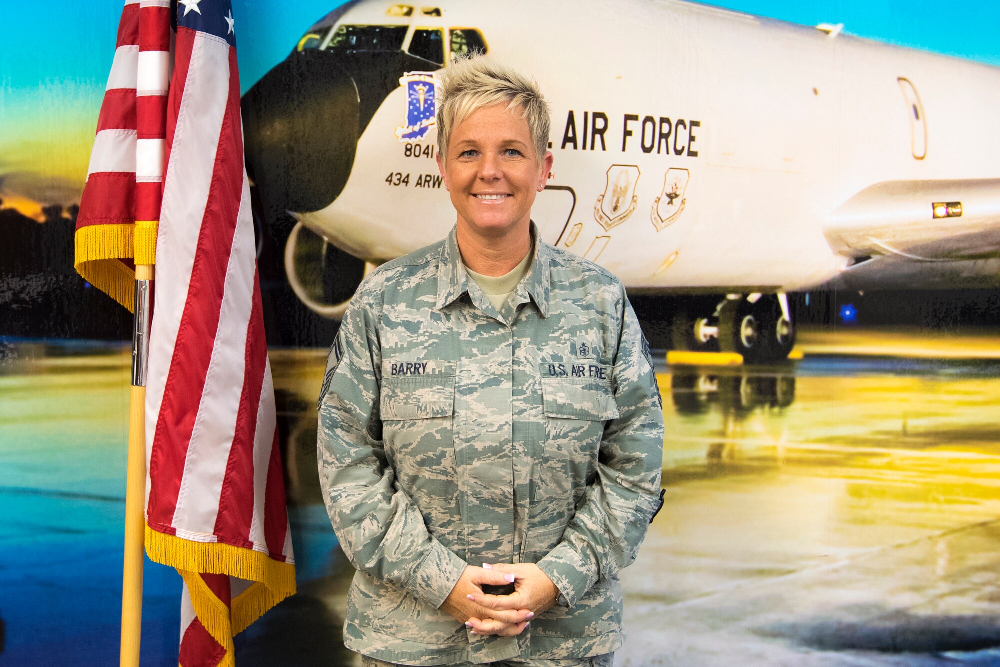 Senior Master Sgt. Tracy Barry, 434th Air Refueling Wing recruiting flight chief, poses for a photo at Grissom Air Reserve Base, Ind., Dec. 18, 2018. Barry recently took the role after transferring from Dobins Air Reserve Base, Georgia. (U.S. Air Force photo / Senior Airman Harrison Withrow)