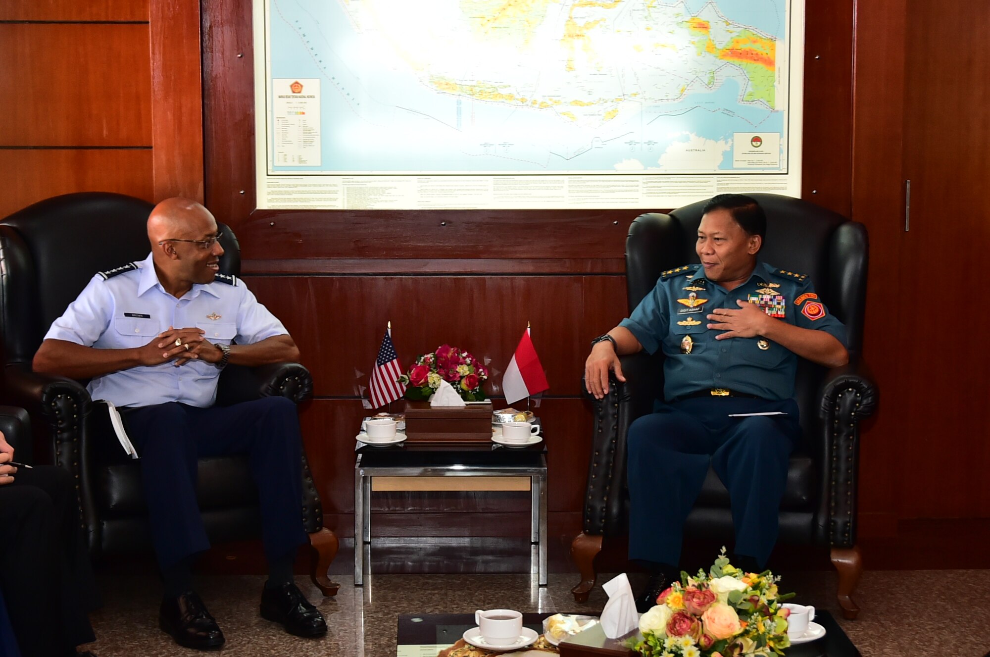 U.S. Air Force Gen. CQ Brown, Jr., Pacific Air Forces commander, talks with Vice Admiral Didit Herdiawan, Indonesian Armed Forces deputy chief of defense, during an office call in Jakarta, Indonesia, Dec. 13, 2018.