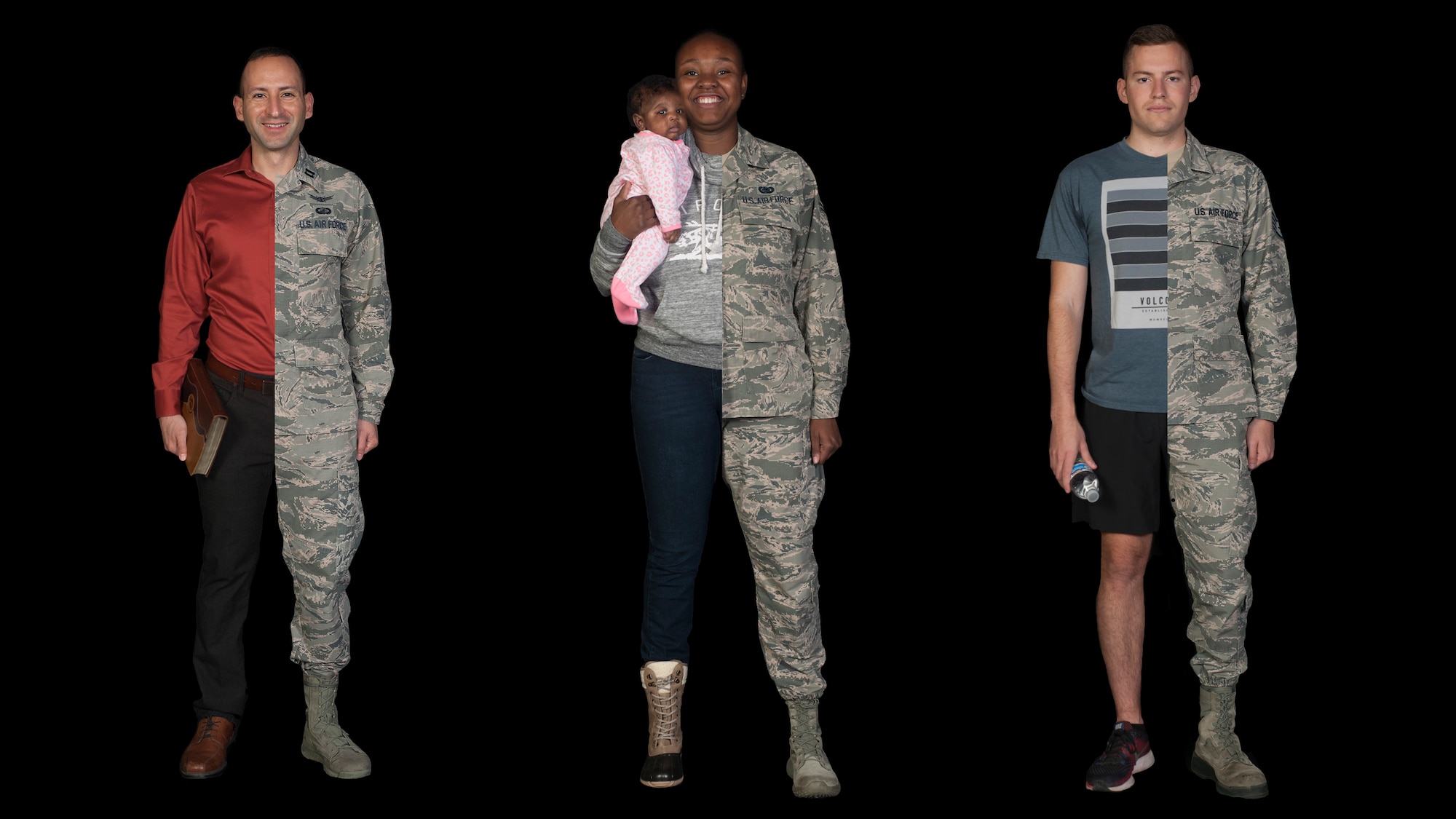 Capt. Emilio Becerra, 533rd Training Squadron instructor, Airman 1st Class Jasmine Blocker-Richardson, 30th Logistic Readiness Squadron logistics planner and Staff Sgt. Jesse Silveira, 614 Air Operations Center collection manager all demonstrate what they do when they are not in uniform at Vandenberg Air Force Base, Calif. Dec. 18, 2018. An advocate of faith, a full-time mother and a dedicated runner, these are just a few passions of Vandenberg’s Airmen. (U.S. Air Force photo illustration by Airman 1st Class Aubree Milks/Released)