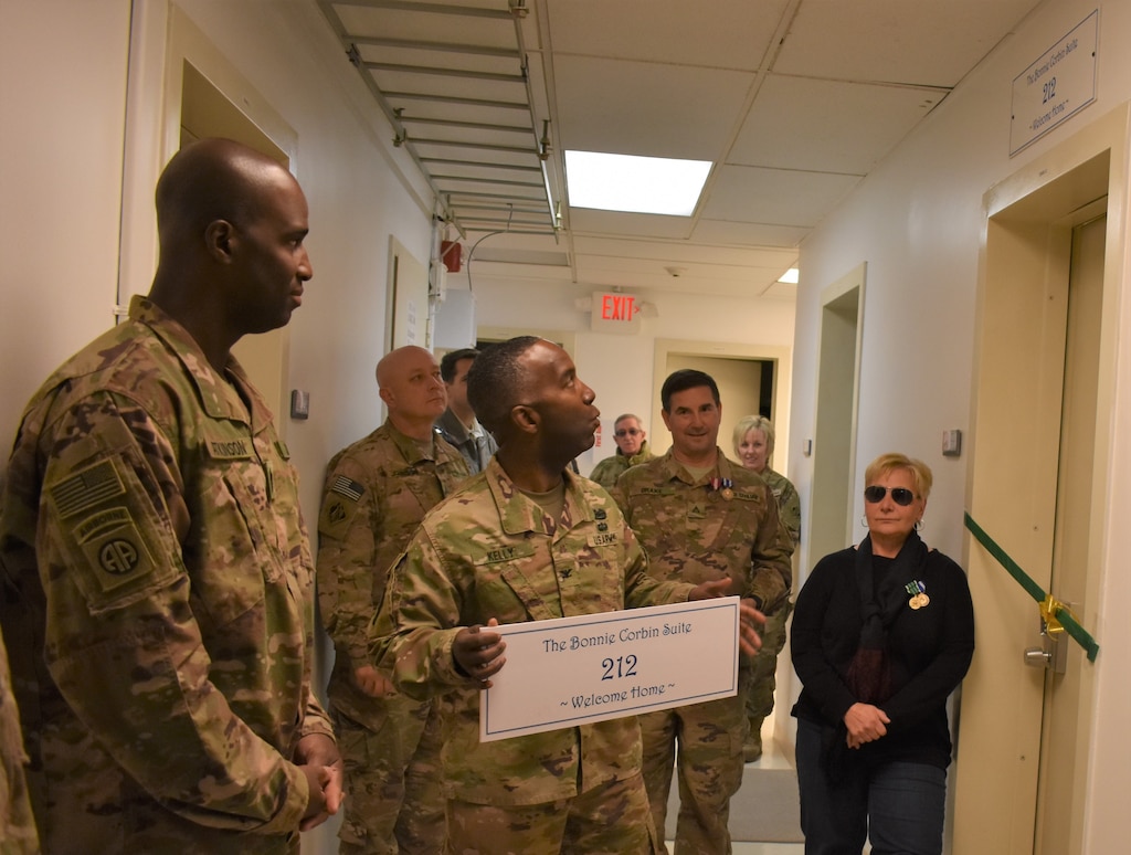 Distinguished Visitors will now be able to spend their time at the Afghanistan District in the Bonnie Corbin Suite, Room 212 as the command and staff dedicated it in Corbin’s name prior to her departure