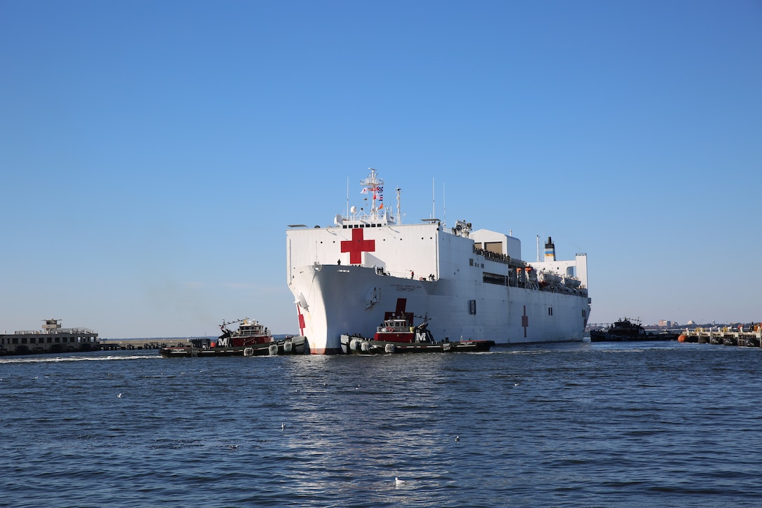 Military Sealift Command’s hospital ship USNS Comfort (T-AH 20) pulls into Naval Station Norfolk, Dec. 18.