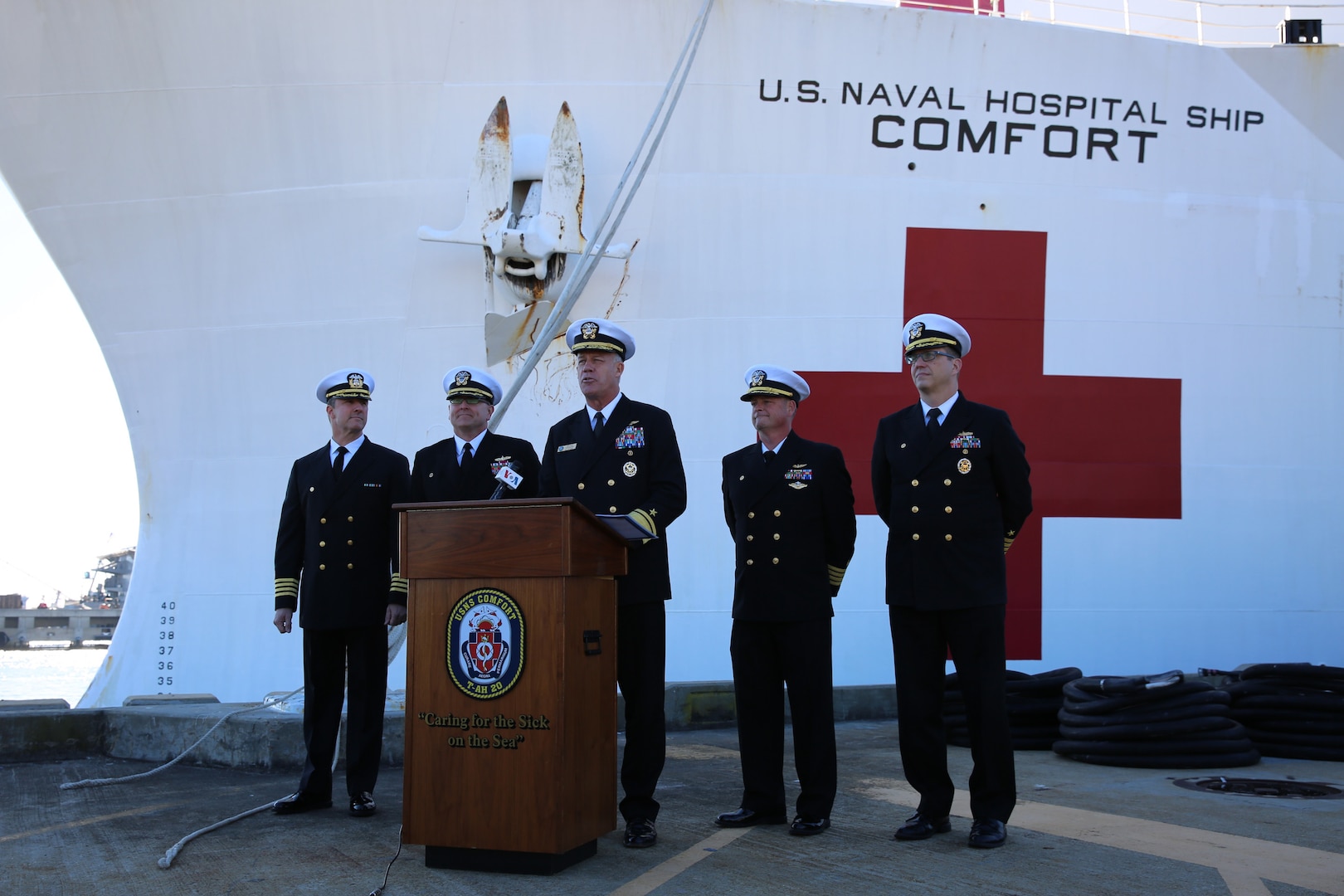 Rear Admiral Sean Buck, Commander, U.S. Naval Forces Southern Command addresses reporters at press conference for the homecoming of USNS Comfort.