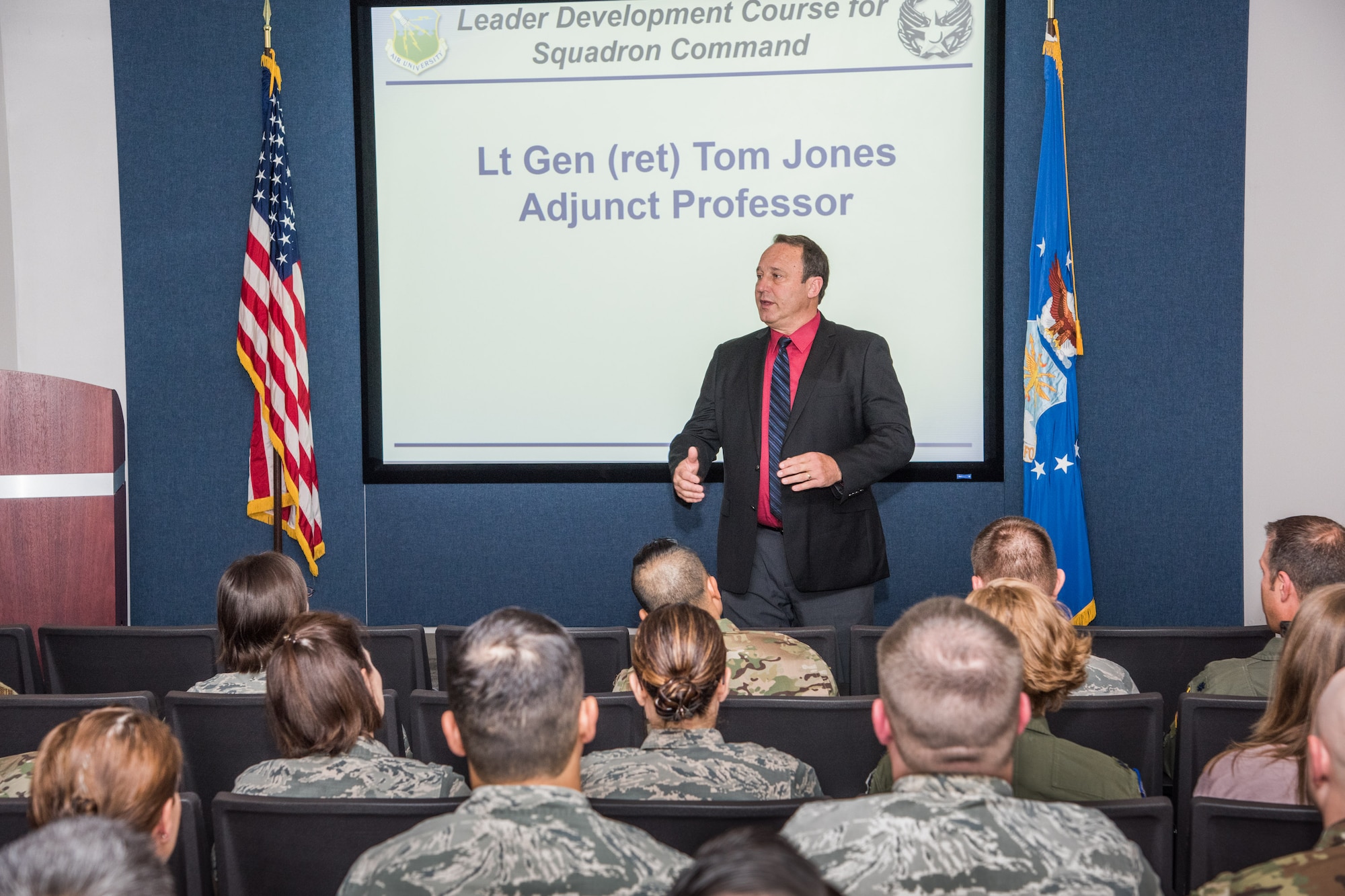 Retired Lt. Gen. Tom Jones, a former vice commander of U.S. Air Forces in Europe-Air Forces Africa, welcomes students to the Leader Development Course for Squadron Command class, Oct. 30, 2018, at Air University, Maxwell Air Force Base, Alabama. Jones provided one of several senior leader perspectives, facilitating discussions about leadership with the students during the eight-day course. (U.S. Air Force photo by William Birchfield)