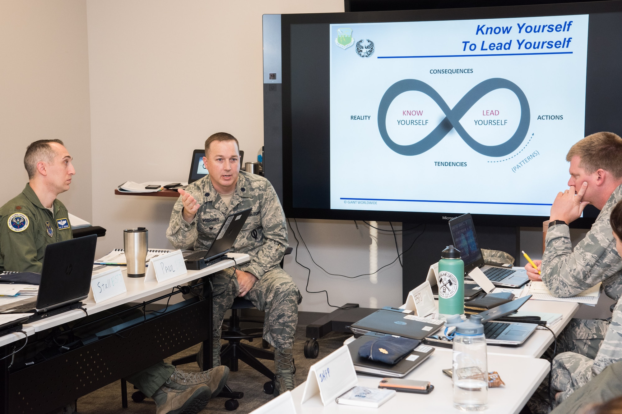 Lt. Col. Daniel Voorhies, part of the initial faculty cadre, leads a seminar discussion with students on self-awareness during the Leader Development Course for Squadron Command, Oct. 31, 2018, at Air University, Maxwell Air Force Base, Alabama. The course builds on leadership experience and education, with a primary emphasis of instilling in students a greater mastery of the ‘human domain’ of leadership. (U.S. Air Force photo by William Birchfield)