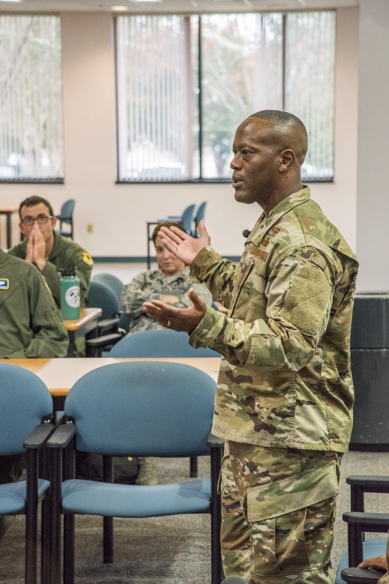 Brig. Gen. Ronald Jolly Sr., commander of the 82nd Training Wing, Sheppard Air Force Base, Texas, engages with students attending a panel discussion on ‘Leading the Air Force Family’ during a Leader Development Course for Squadron Command session, Nov. 5, 2018, at Air University, Maxwell Air Force Base, Alabama. Along with Jolly, the panel consisted of a wing command chief, squadron commander and first sergeant. (U.S. Air Force photo by William Birchfield)