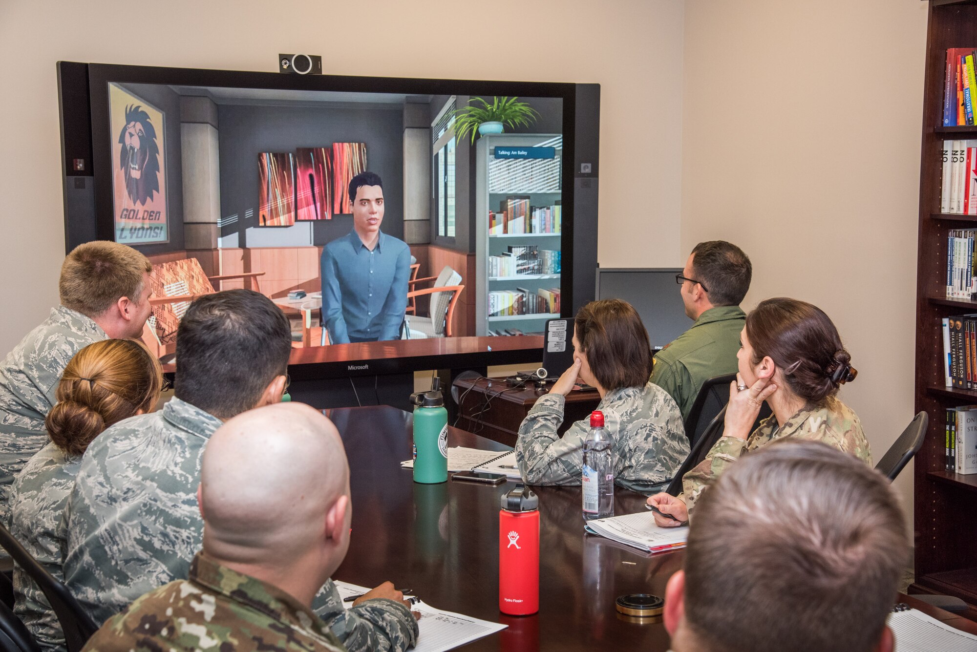 In one of the capstone events for the Leader Development Course for Squadron Command students are placed into a ‘virtual’ scenario-based, experiential exercise. Students use the knowledge gained during the eight-day course to effectively communicate with different personality types in real-world derived situations. The capstone event depicted in the image was held Nov. 8, 2018, at Air University, Maxwell Air Force Base, Alabama. (U.S. Air Force photo by William Birchfield)
