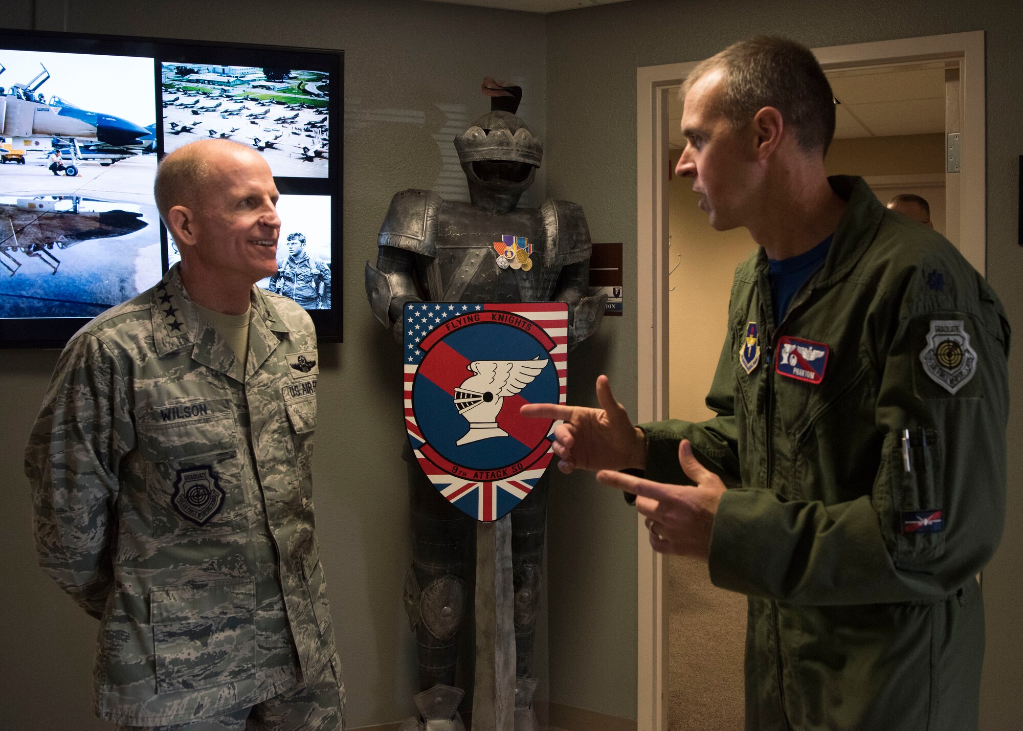 Air Force Vice Chief of Staff Gen. Stephen Wilson is greeted by Lt. Col. Trevor Merrell, 9th Attack Squadron commander, during a tour of Holloman Air Force Base, N.M., November 30. Wilson received a tour of Holloman, home to the Air Force’s only MQ-9 pilot and sensor operator Formal Training Unit. (U.S. Air Force photo by Staff Sgt. BreeAnn Sachs)
