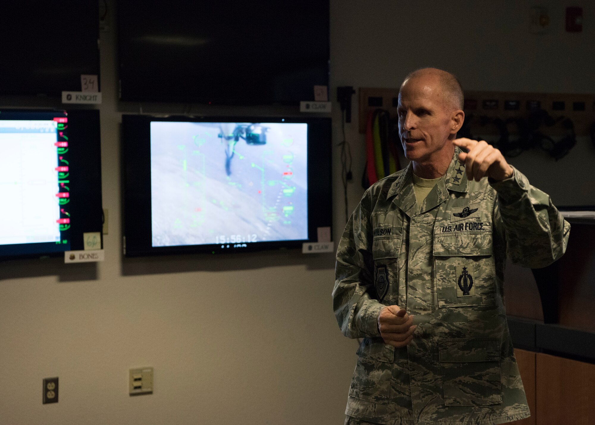 Air Force Vice Chief of Staff Gen. Stephen Wilson speaks to Airmen in the 29th Attack Squadron building on Holloman Air Force Base N.M., November 30. Wilson received a tour of Holloman and was briefed by members of the 29th ATKS about current training operations. (U.S. Air Force photo by Staff Sgt. BreeAnn Sachs)