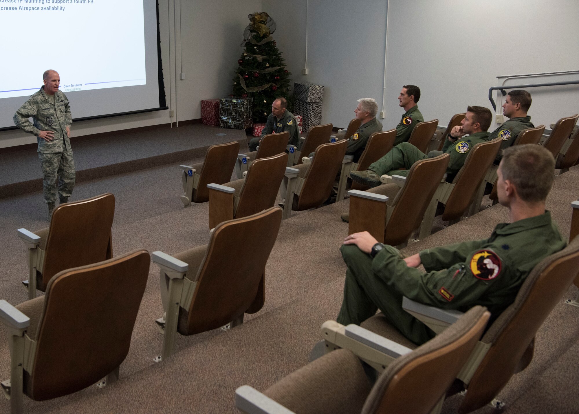 Air Force Vice Chief of Staff Gen. Stephen Wilson speaks to members of the 54th Fighter Group during a tour of Holloman Air Force Base, N.M, November 30. Wilson received a briefing of the 54th FG’s current operations, as well as a tour of the new 8th Fighter Squadron campus. (U.S. Air Force photo by Staff Sgt. BreeAnn Sachs)