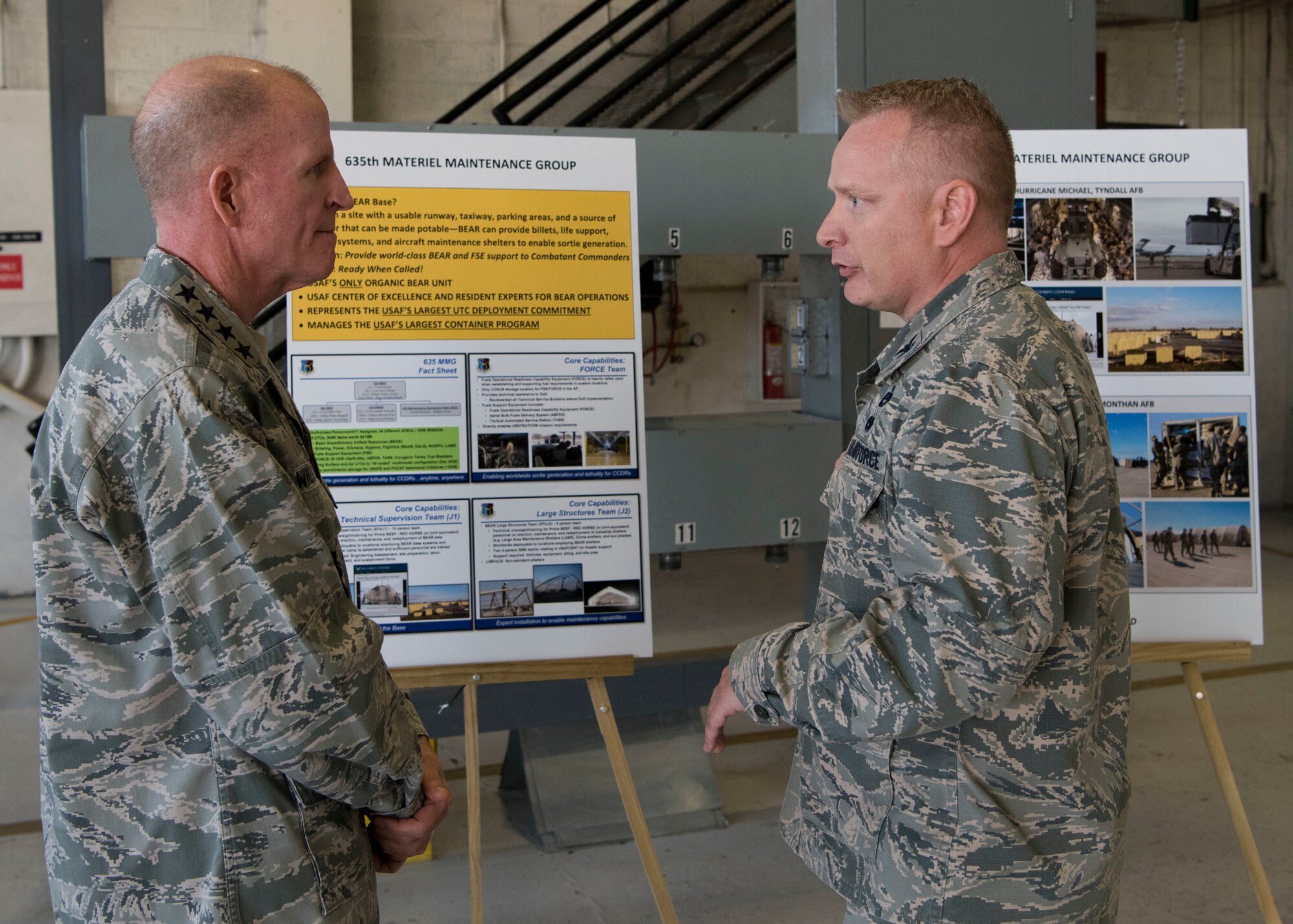 Air Force Vice Chief of Staff Gen. Stephen Wilson speaks to Col. Frank Marconi, 635th Material Maintenance Group commander, during his tour of Holloman Air Force Base, N.M., November 30, 2018. Marconi discussed the 635th MMG’s recent operations, including their support for Tyndall Air Force Base in response to Hurricane Michael. (U.S. Air Force photo by Staff Sgt. BreeAnn Sachs)