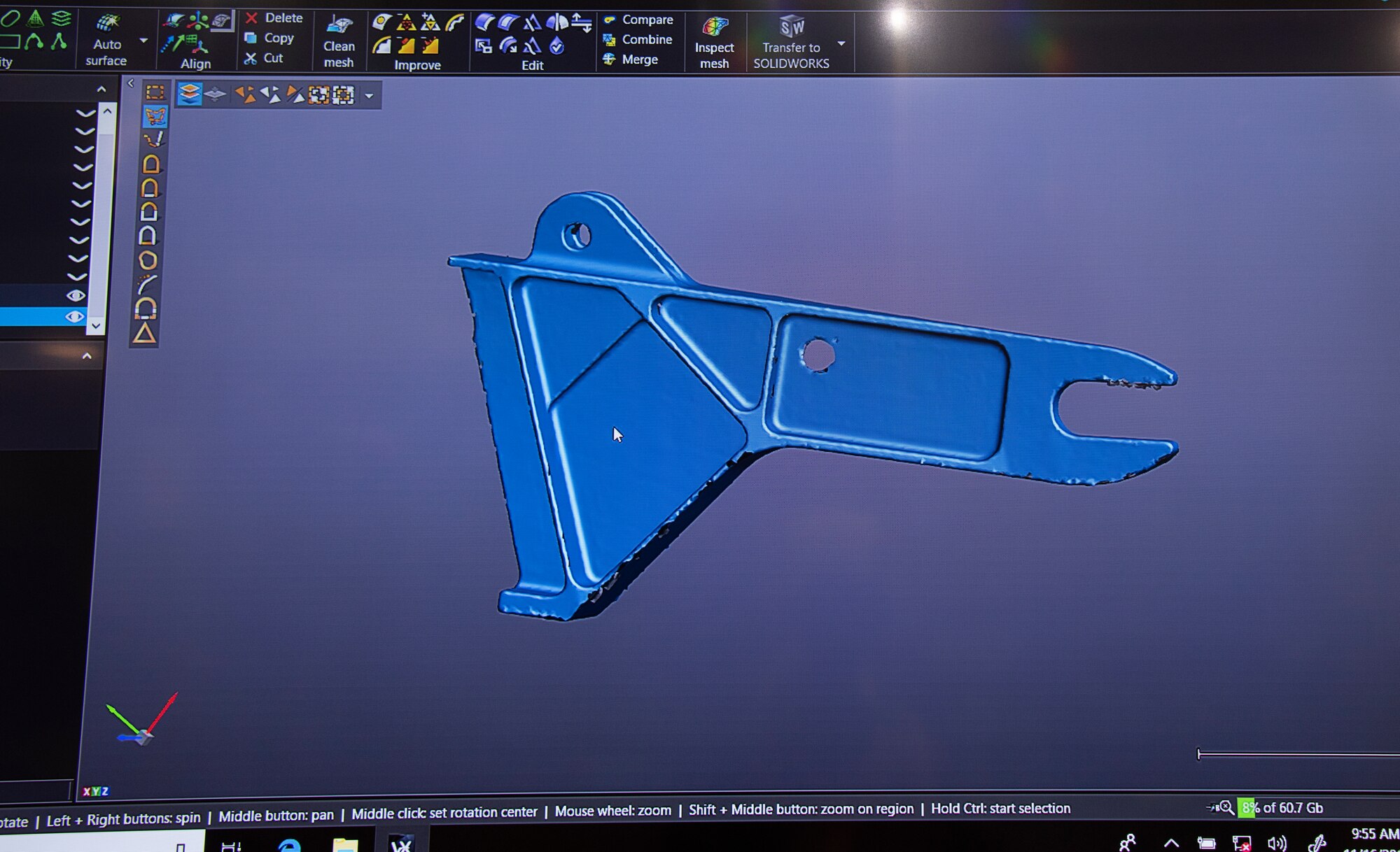 This fully three-dimensional image of an aircraft part displayed on a computer screen can be manipulated to quickly find discrepancies, Nov. 16, 2018, at Travis Air Force Base, California. The 60th Aircraft Maintenance Squadron fabrication flight will soon use this technology to manufacture parts on site. (U.S. Air Force Photo by Heide Couch)