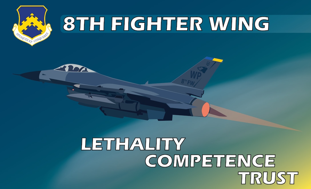 A poster displaying the 8th Fighter Wing Commander’s Priorities for the Wolf Pack. The poster elements lists the three priorities of Lethality, Competence, and Trust which supports the wing’s mission of Defend the Base, Accept Follow-on Forces, and Take the Fight North. The F-16 Fighting Falcon is the primary aircraft flown by the 8th Fighter Wing and is shown launching into the dark emphasizing the “Fight Tonight” mentality our Wolf Pack Airmen must maintain at all times.