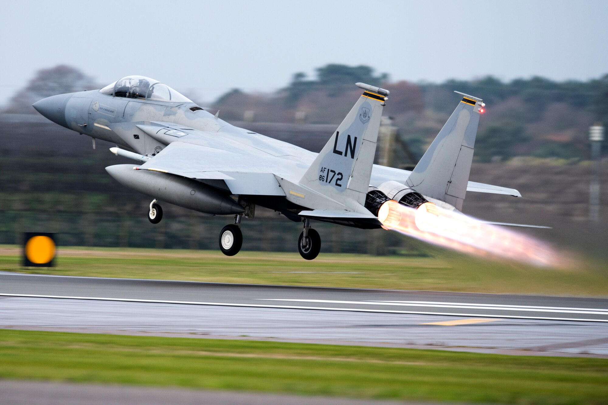 An F-15C Eagle assigned to the 493rd Fighter Squadron takes off for a sortie at Royal Air Force Lakenheath, England, Dec. 18, 2018. The Eagle is an all-weather, extremely maneuverable, tactical fighter designed to permit the Air Force to gain and maintain air supremacy over the battlefield. (U.S. Air Force photo by Senior Airman Malcolm Mayfield)