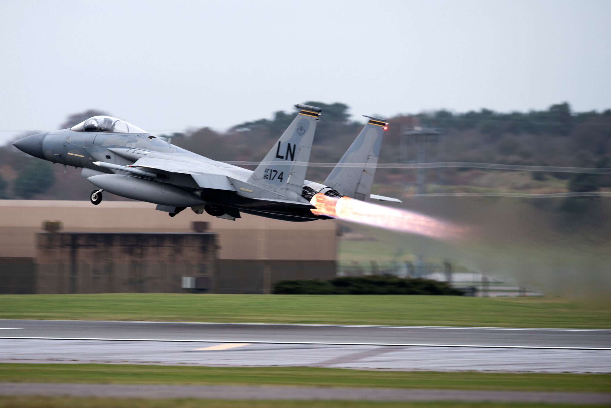 An F-15C Eagle assigned to the 493rd Fighter Squadron launches for a sortie at Royal Air Force Lakenheath, England, Dec. 18, 2018. The F-15C Eagle is an all-weather, extremely maneuverable, tactical fighter designed to permit the Air Force to gain and maintain air supremacy over the battlefield. (U.S. Air Force photo by Senior Airman Malcolm Mayfield)