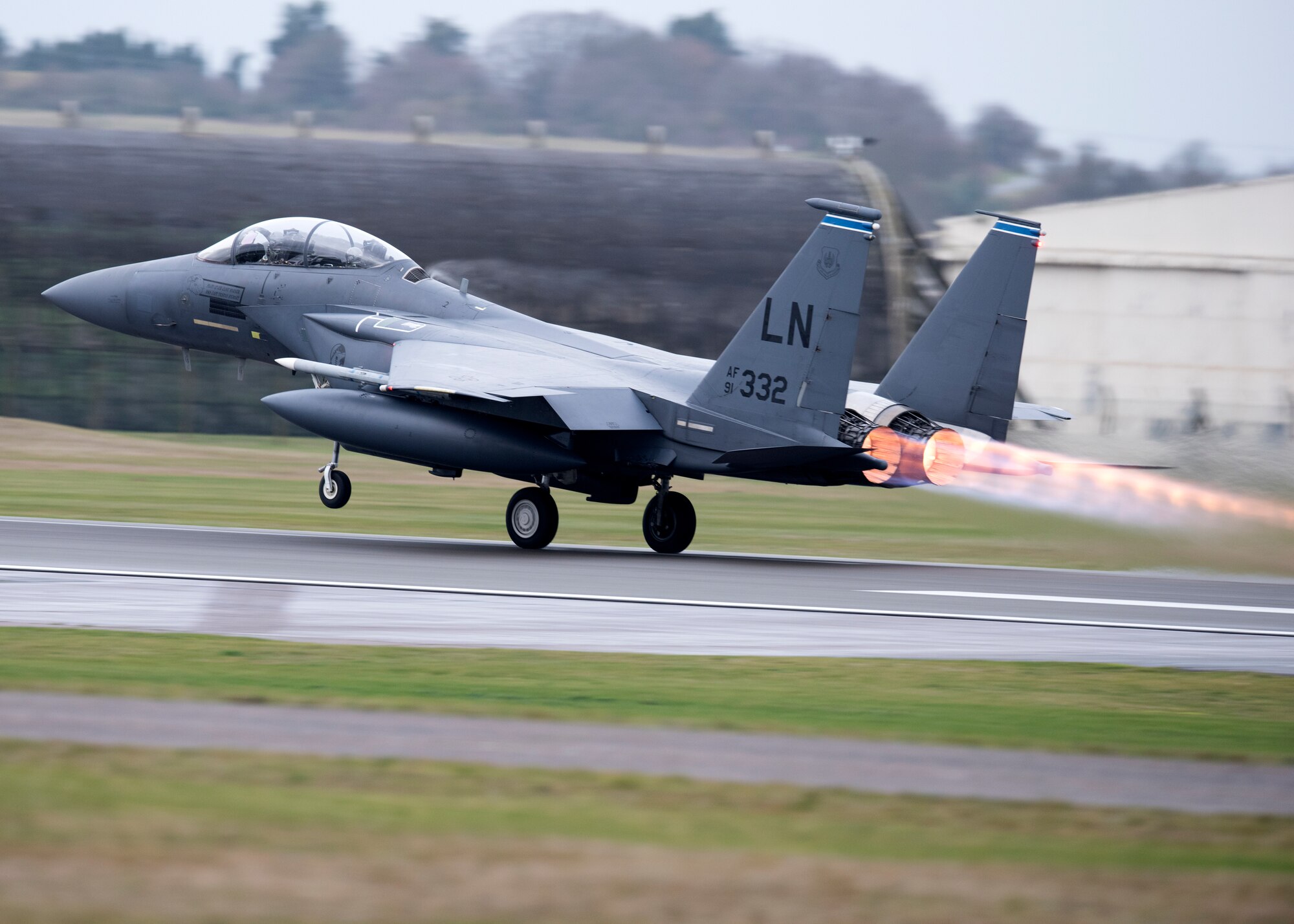 An F-15E Strike Eagle assigned to the 492nd Fighter Squadron takes off for a sortie at Royal Air Force Lakenheath, England, Dec. 18, 2018. The F-15E Strike Eagle is a dual-role fighter designed to perform air-to-air and air-to-ground missions. An array of avionics and electronics systems gives the F-15E the capability to fight at low altitude, day or night, and in all weather. (U.S. Air Force photo by Senior Airman Malcolm Mayfield)