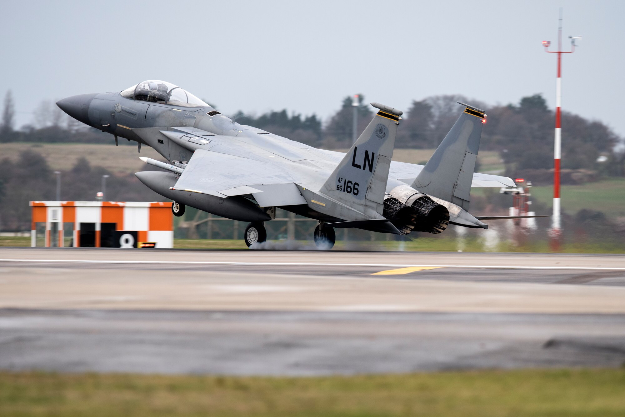 An F-15C Eagle assigned to the 493rd Fighter Squadron lands after a sortie at Royal Air Force Lakenheath, England, Dec. 18, 2018. The Eagle is an all-weather, extremely maneuverable, tactical fighter designed to permit the Air Force to gain and maintain air supremacy over the battlefield. (U.S. Air Force photo by Senior Airman Malcolm Mayfield)