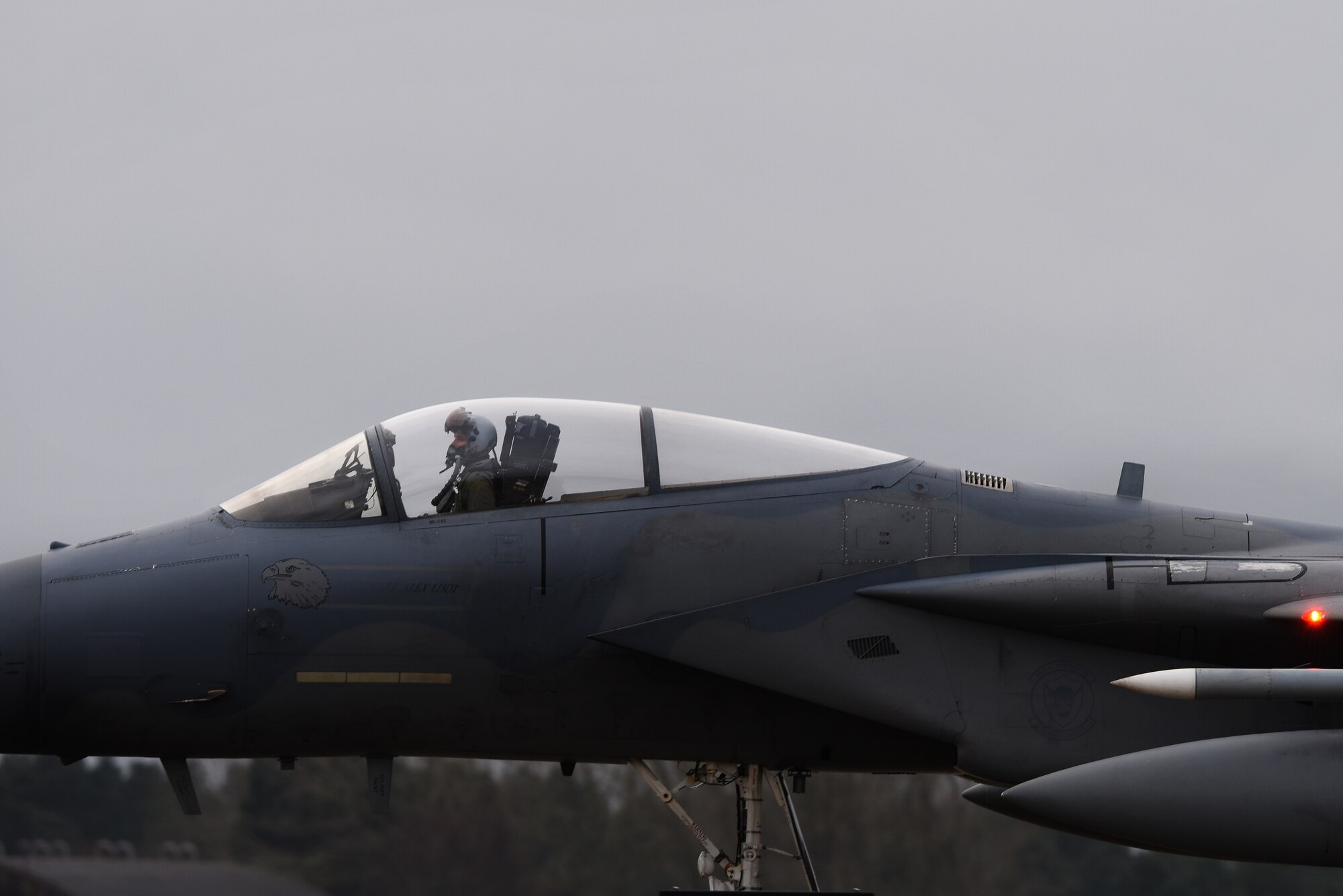 A pilot assigned to the 493rd Fighter Squadron taxis down the flightline at Royal Air Force Lakenheath, England, Dec. 18, 2018. The Eagle is an all-weather, extremely maneuverable, tactical fighter designed to permit the Air Force to gain and maintain air supremacy over the battlefield. (U.S. Air Force photo by Airman 1st Class Shanice Williams-Jones)